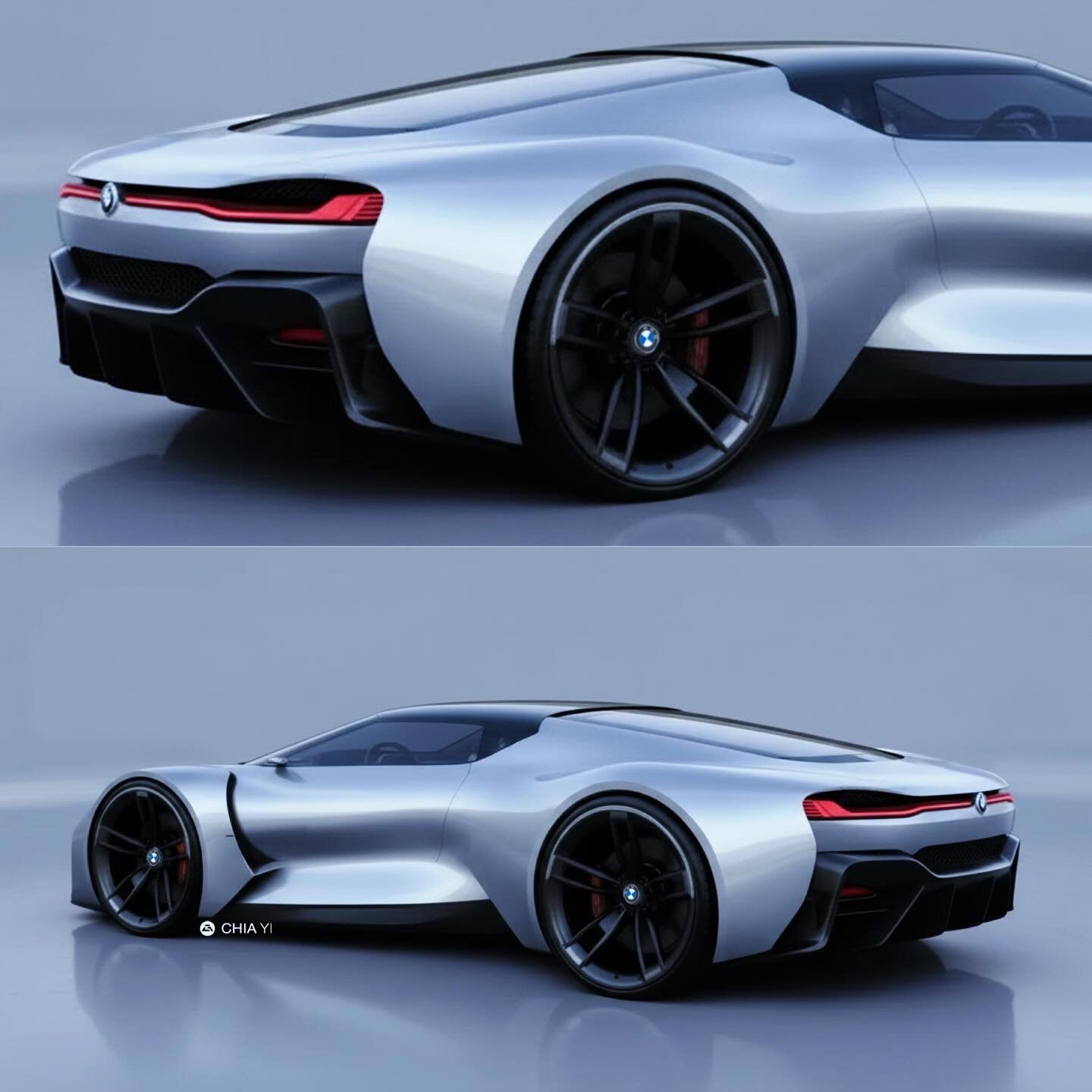 This rear-quarter rendering showcases a modern interpretation of the 1992 BMW Nazca C2. The liquid silver bodywork flows seamlessly from the sleek, continuous glasshouse into a beautifully sculpted rear deck. A futuristic, ultra-slim LED taillight st