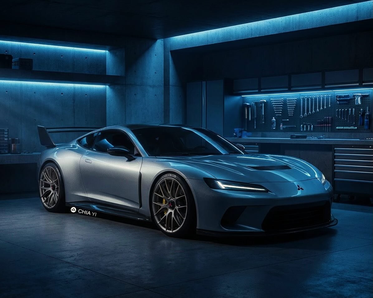 This front-quarter rendering presents a sleek, modern tribute to the beloved 1999 Mitsubishi Eclipse GSX. The striking JDM homage sits aggressively inside a neatly organized, concrete garage, bathed in cool blue lighting that highlights the car&rsquo