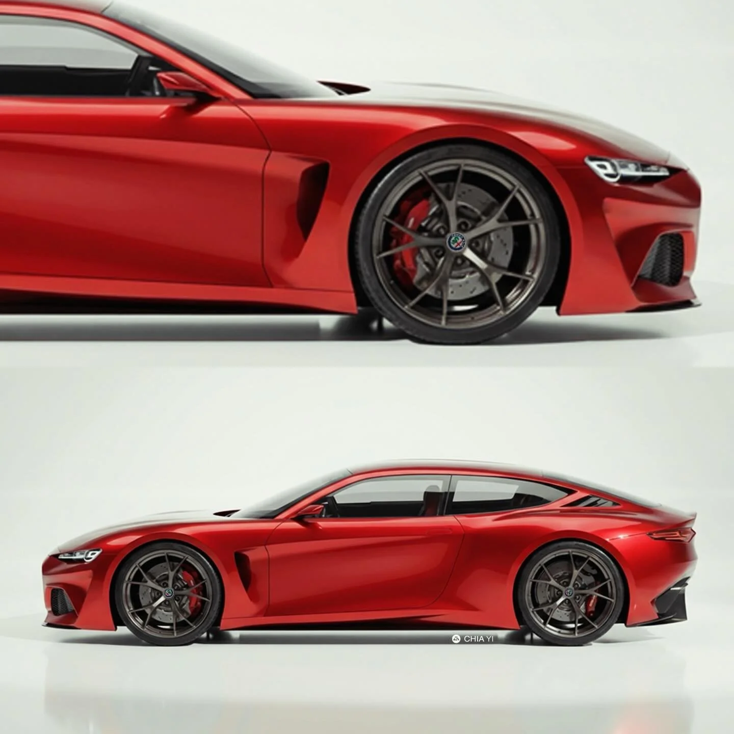 In this side-profile rendering, I set out to completely reimagine the iconic 1987 Alfa Romeo GTV6, translating its classic Italian spirit into a cutting-edge modern fastback. I draped the highly sculpted bodywork in a deep, lustrous metallic candy re