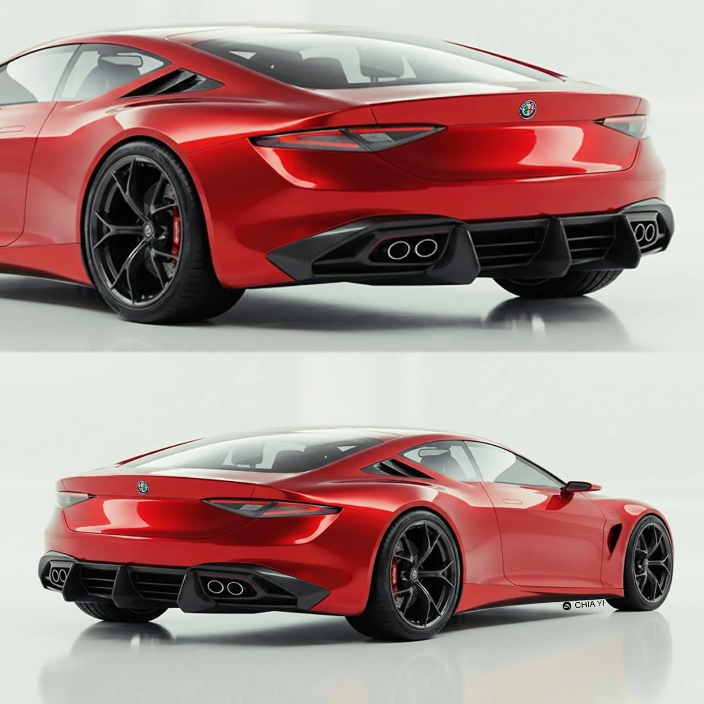 For the rear of my 1987 Alfa Romeo GTV6 concept, I wanted to emphasize a wide, planted stance. I designed muscular rear haunches that flow into a sharp, minimalist tail section featuring ultra-slim, aggressive LED taillights. To honor the original de