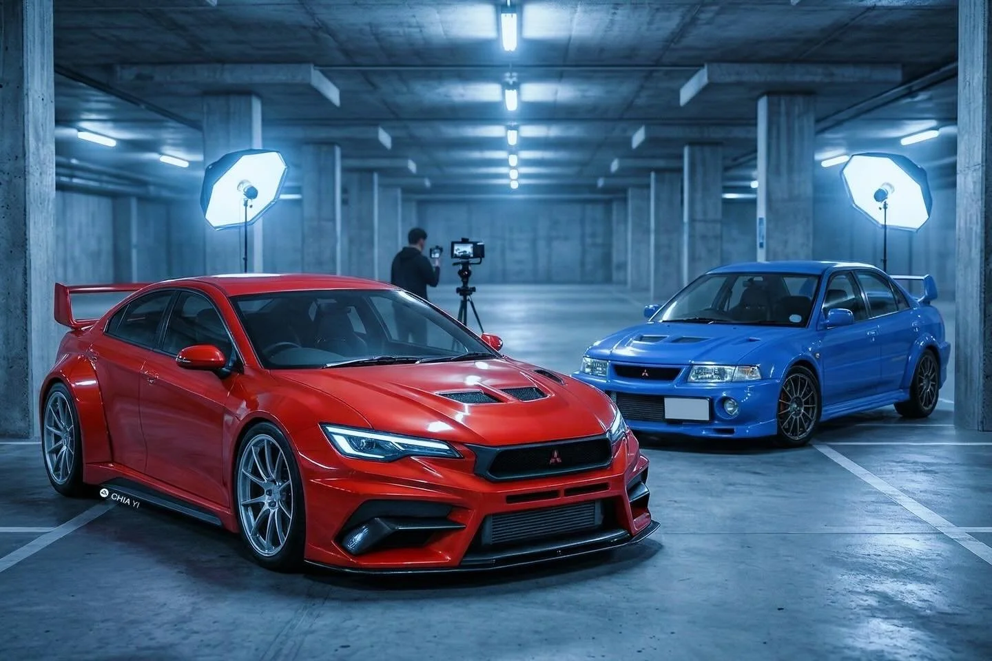 A powerful convergence in the garage: my vision for a modern Lancer Evolution stands proudly alongside the legendary EVO VI GSR. This concept is a direct design evolution, translating the raw, functional WRC homologation aggression of the original Ev