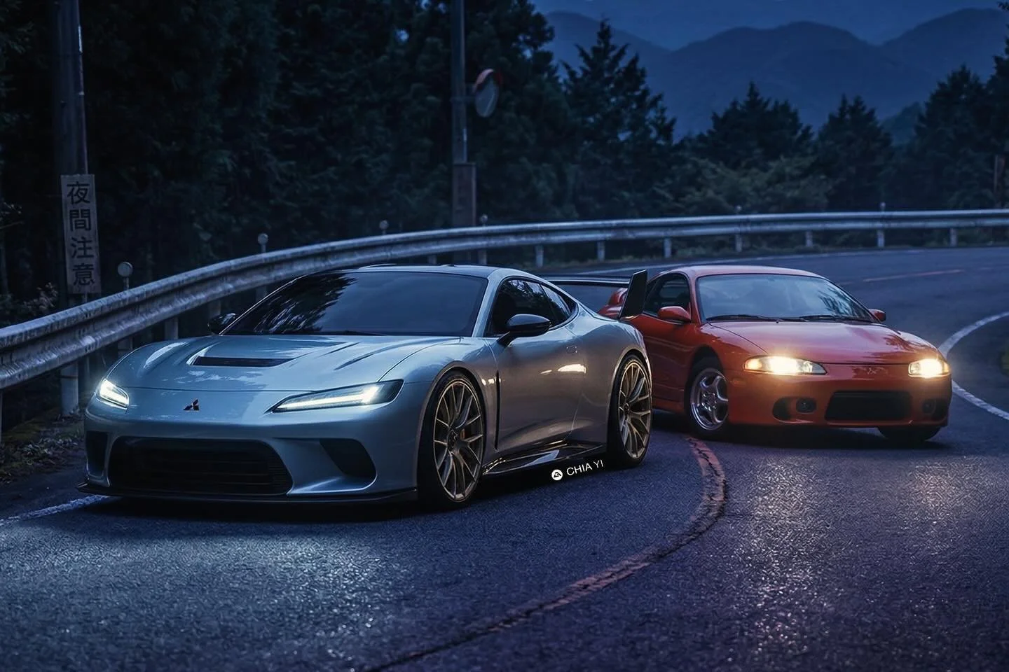 A powerful juxtaposition at dusk. The timeless form of the original 1995 Mitsubishi Eclipse GSX meets my modern concept. I wanted to respect the legend. The concept&rsquo;s flowing profile is a modern interpretation of the classic 2G lines. I&rsquo;v