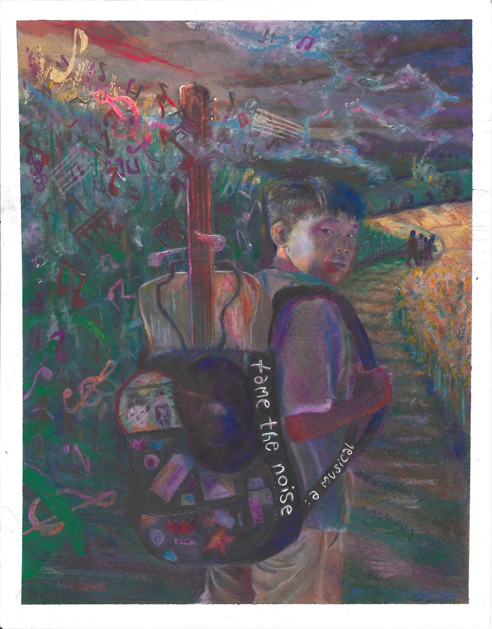 Colorful abstract painting featuring a young boy with short hair and a serious expression in the foreground. The background includes shades of purple, blue, and orange with various scribbles, numbers, musical notes, and partial phrases such as 'music,' and 'the.' There are silhouettes of people in a field on the right side and abstract shapes and patterns across the image.