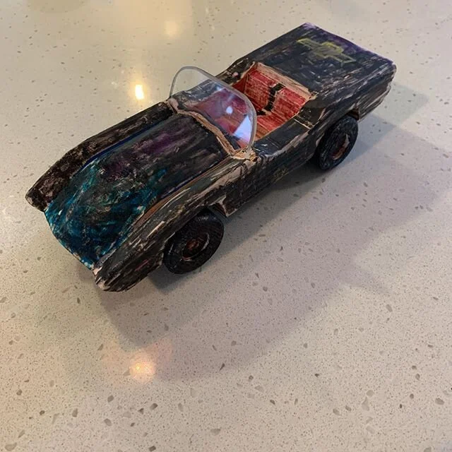 Collaboration with my son on a corvette convertible.  Got the top down and looking for some sunshine! Wood and dry erase marker. 🙂😜