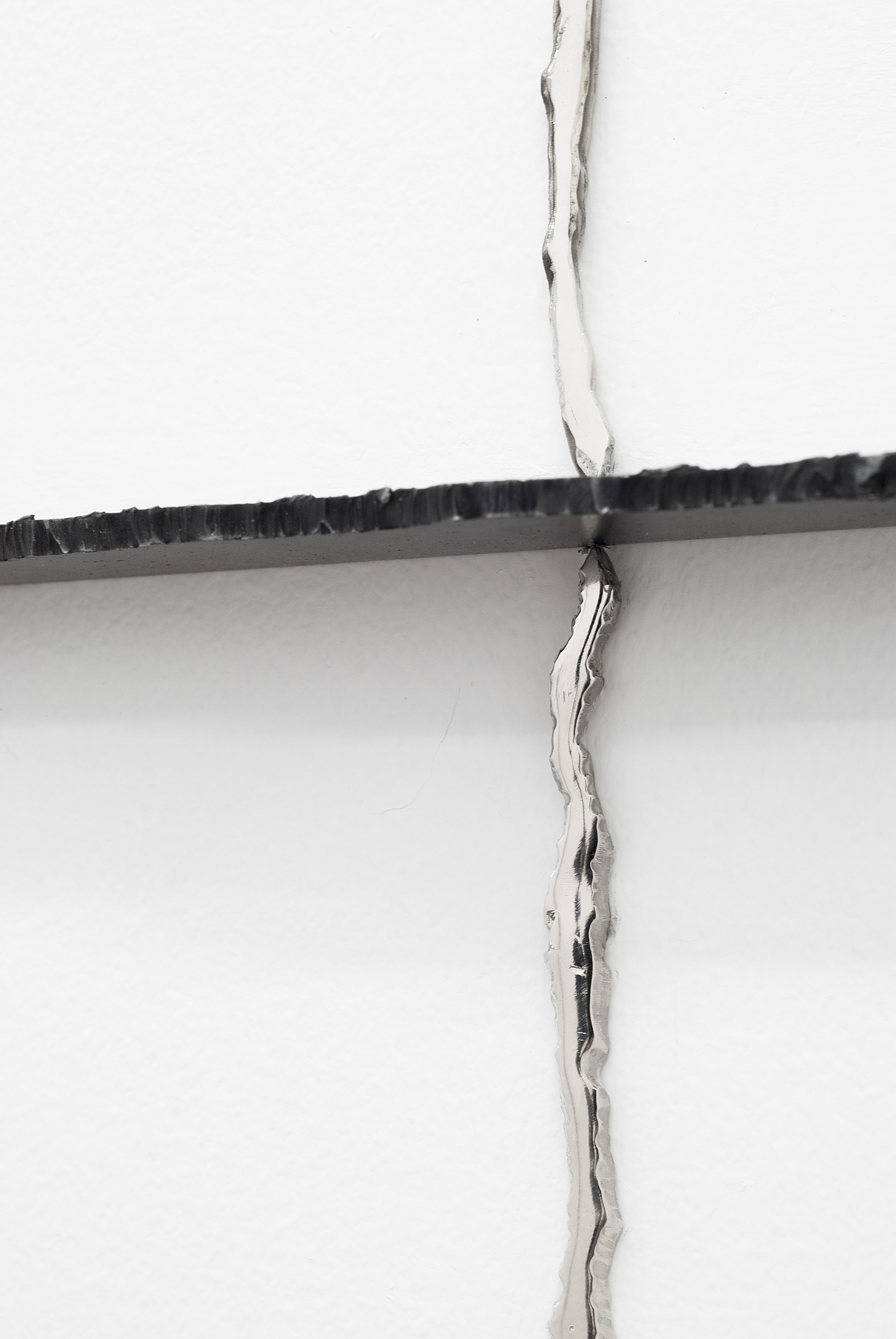 Never too late to mend (Detail), Nickel plated, mirror polished steel, graphite, wall marking, 76 X 60 inches, 2013