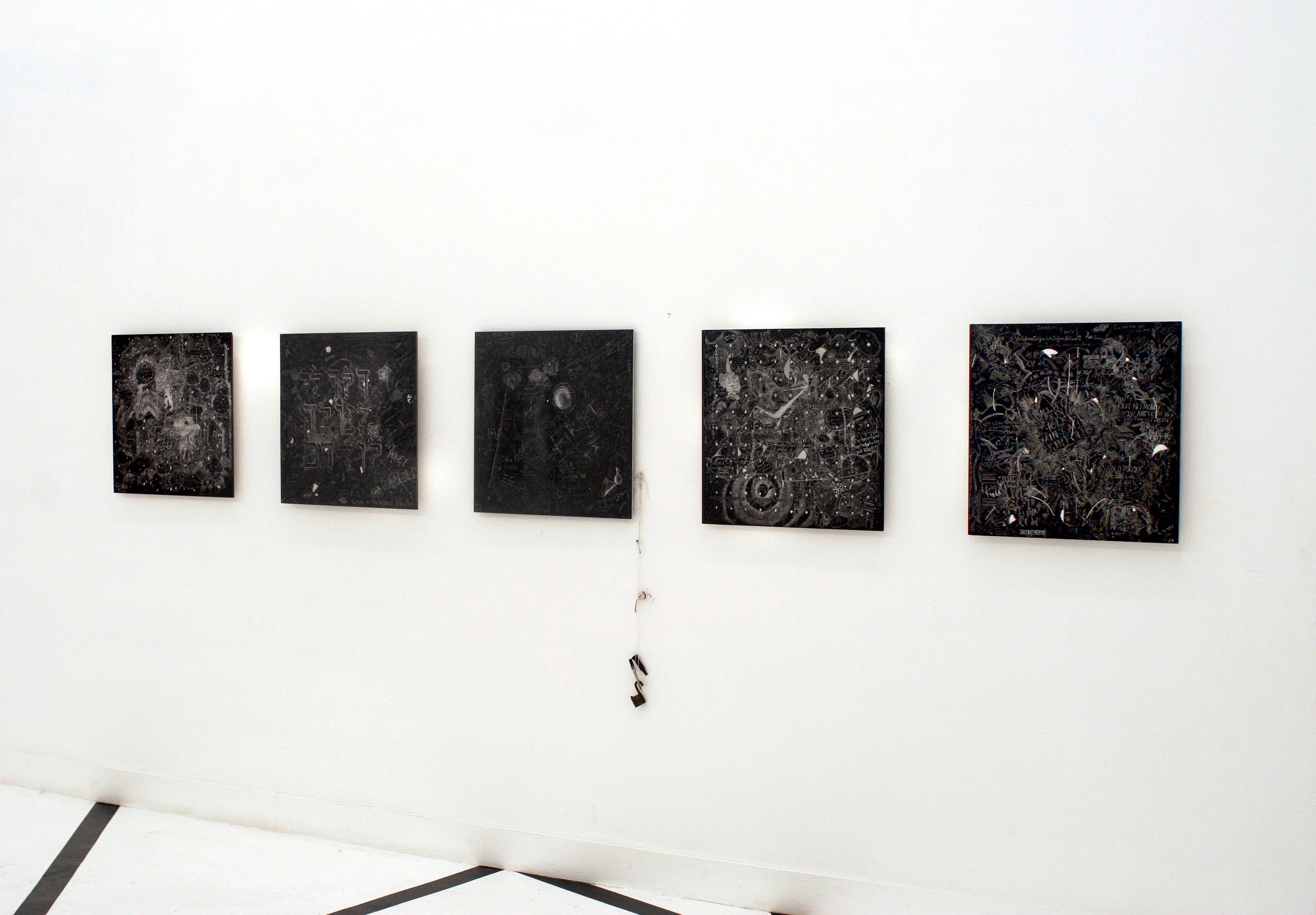 606-331, Crowd sourced collaborative drawings, Incised aluminum with baked enamel finish and carving tools, Installation view, Confection at OHWOW, Miami, FL. 2009