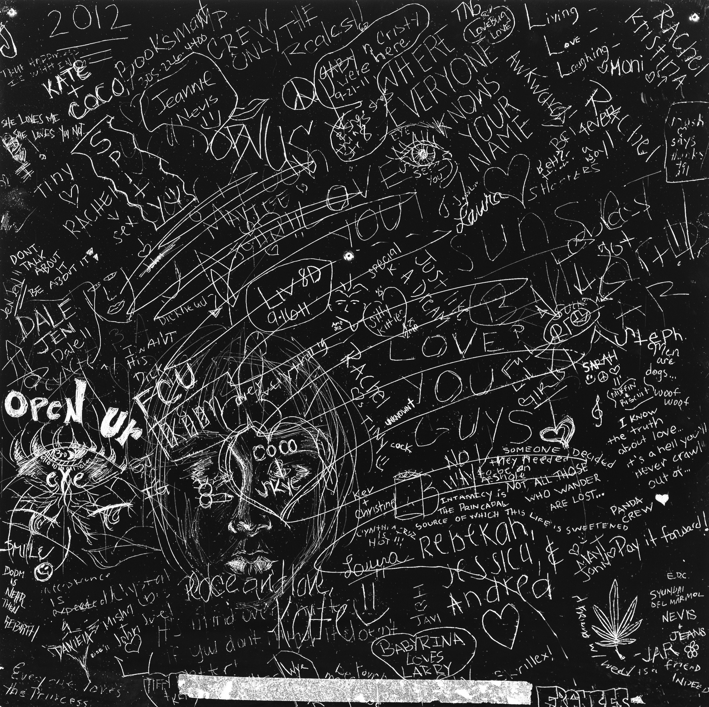 Fetish, Crowd sourced collaborative drawing at Shooters Billiards, Hialeah, FL. Incised aluminum with baked enamel finish, 24 X 24 inches, 2011