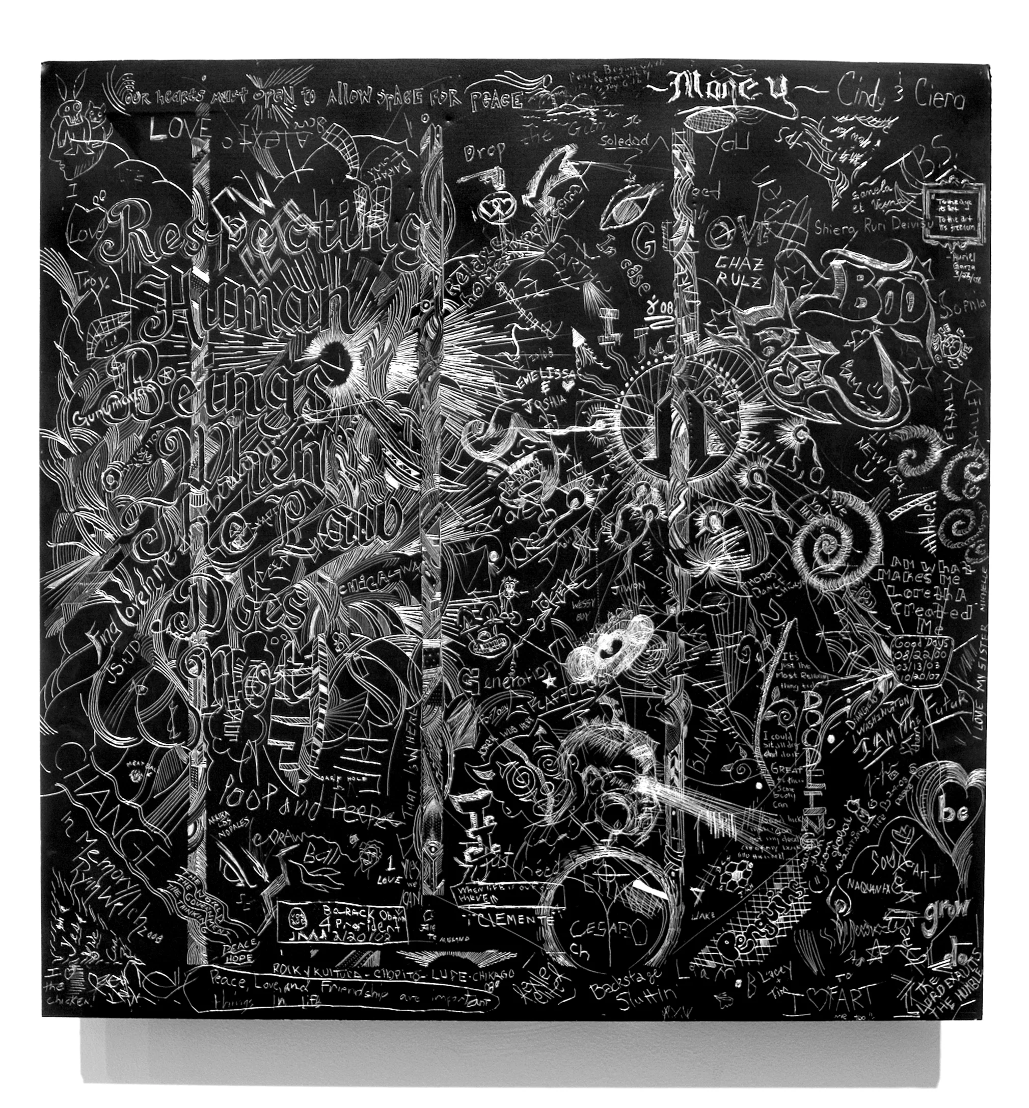 MCA 1, Collaborative incised drawings on aluminum with baked enamel finish made w/ the Museum of Contemporary Art Chicago's visitors and staff, 24 X 24 inches, 2008