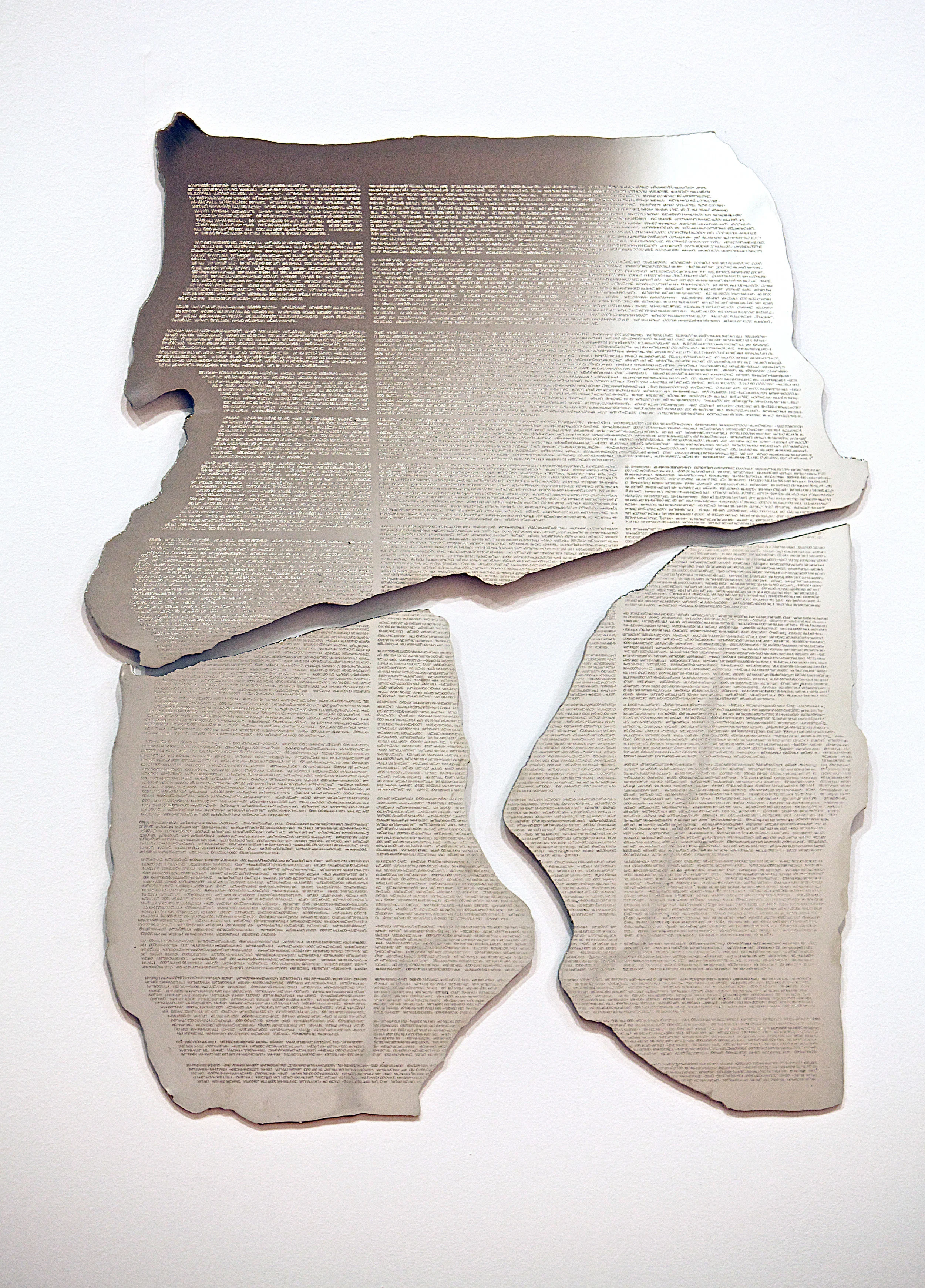 Tableaux #7, Engraved mirror polished nickel plated aluminum, (Transcriptions from self taught spiritual gurus found on You Tube), 2010