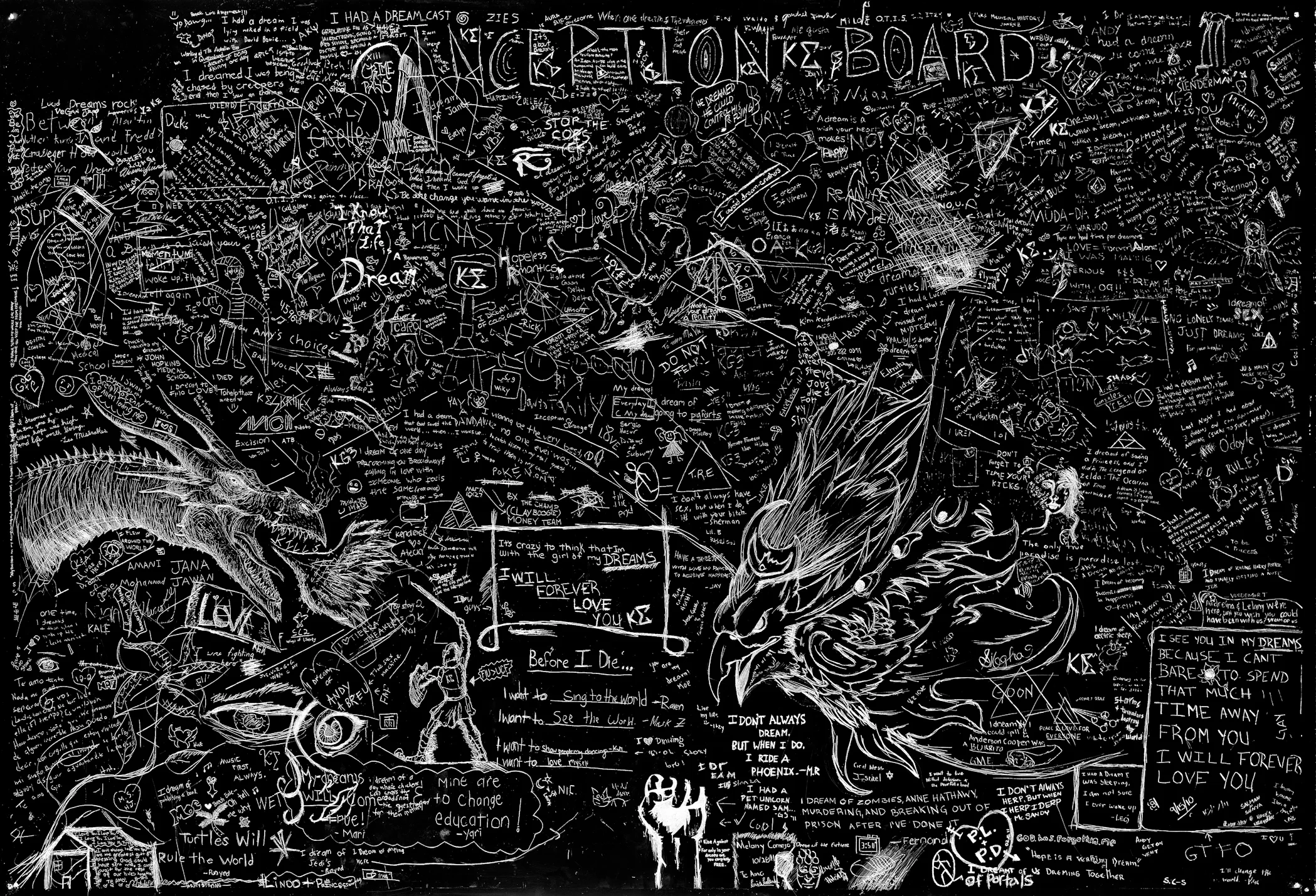 Dreams, P.S. drawing, Incised aluminum with factory finish in artist frame, crowd sourced drawings from Florida International University, 48 X 60 inches, 2012