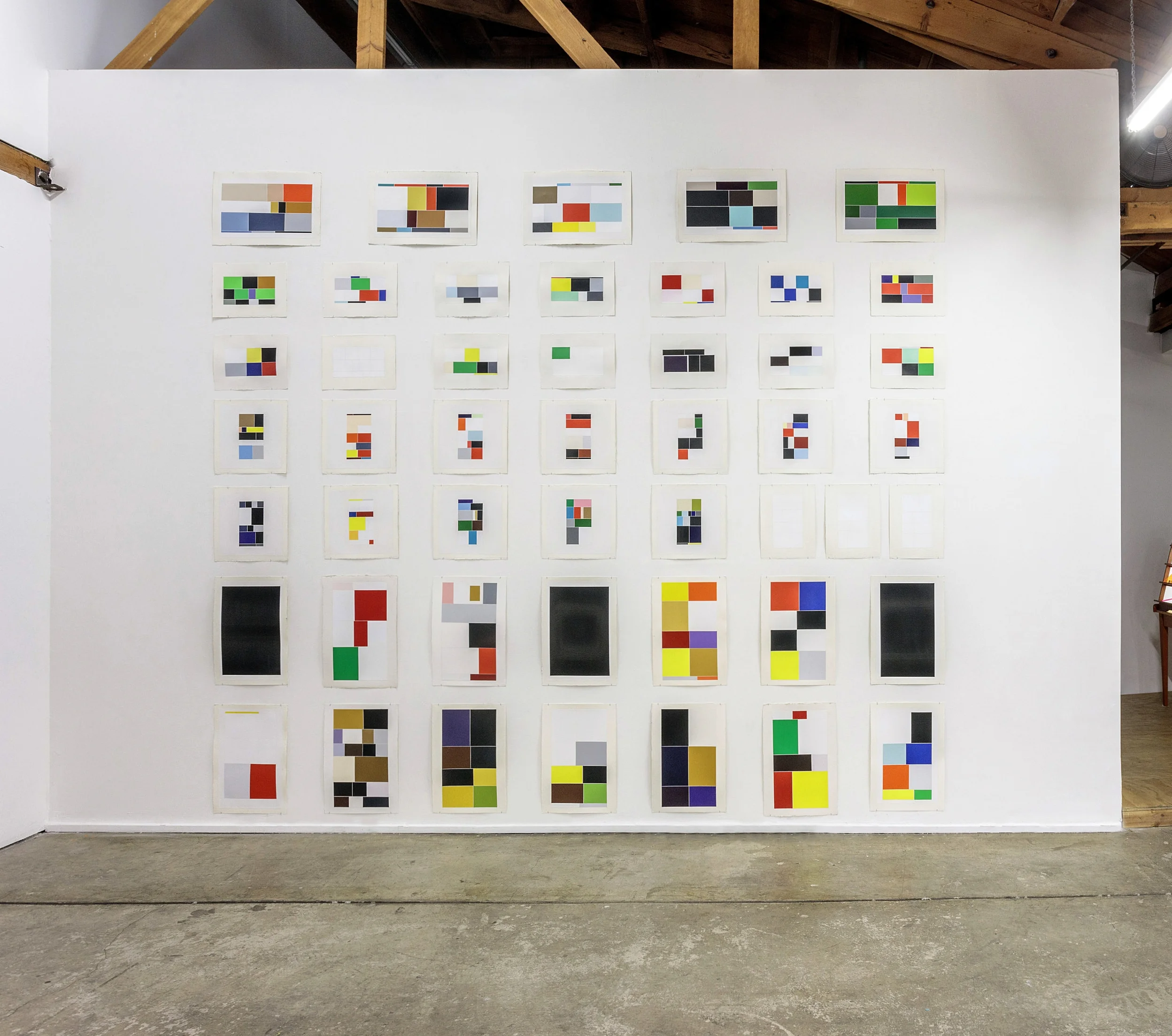 "What it is?!", Installation of 48 works on paper at Joan Los Angeles, Acrylic paint and gesso on cotton, 11 X 15 and 15 X 22 inches, 2017