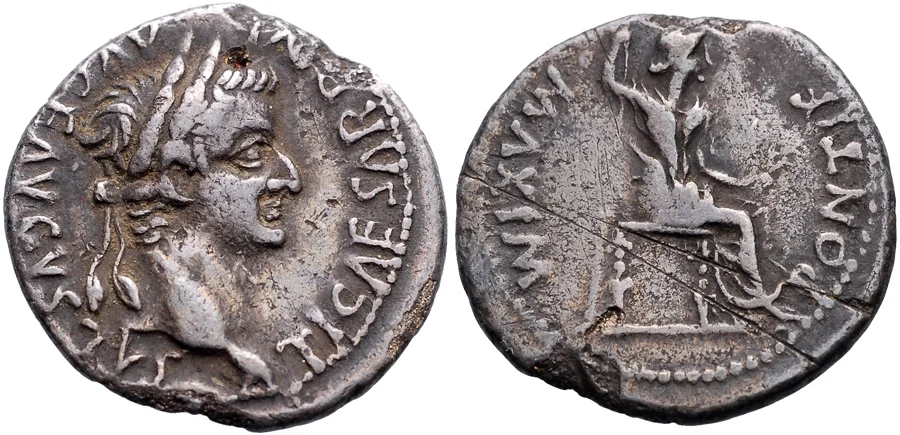 The coin most people today associate with the term 'tribute penny' and sole design of the denarius for the reign of Tiberius, 14-37 CE