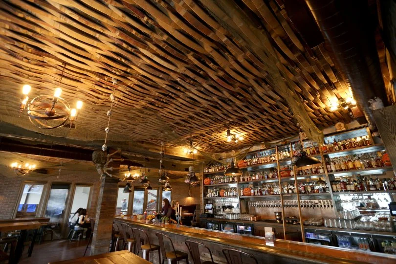 The ceiling at the Beer Baron Bar and Kitchen is made of wooden barrel staves. (Anda Chu/Bay Area News Group) 