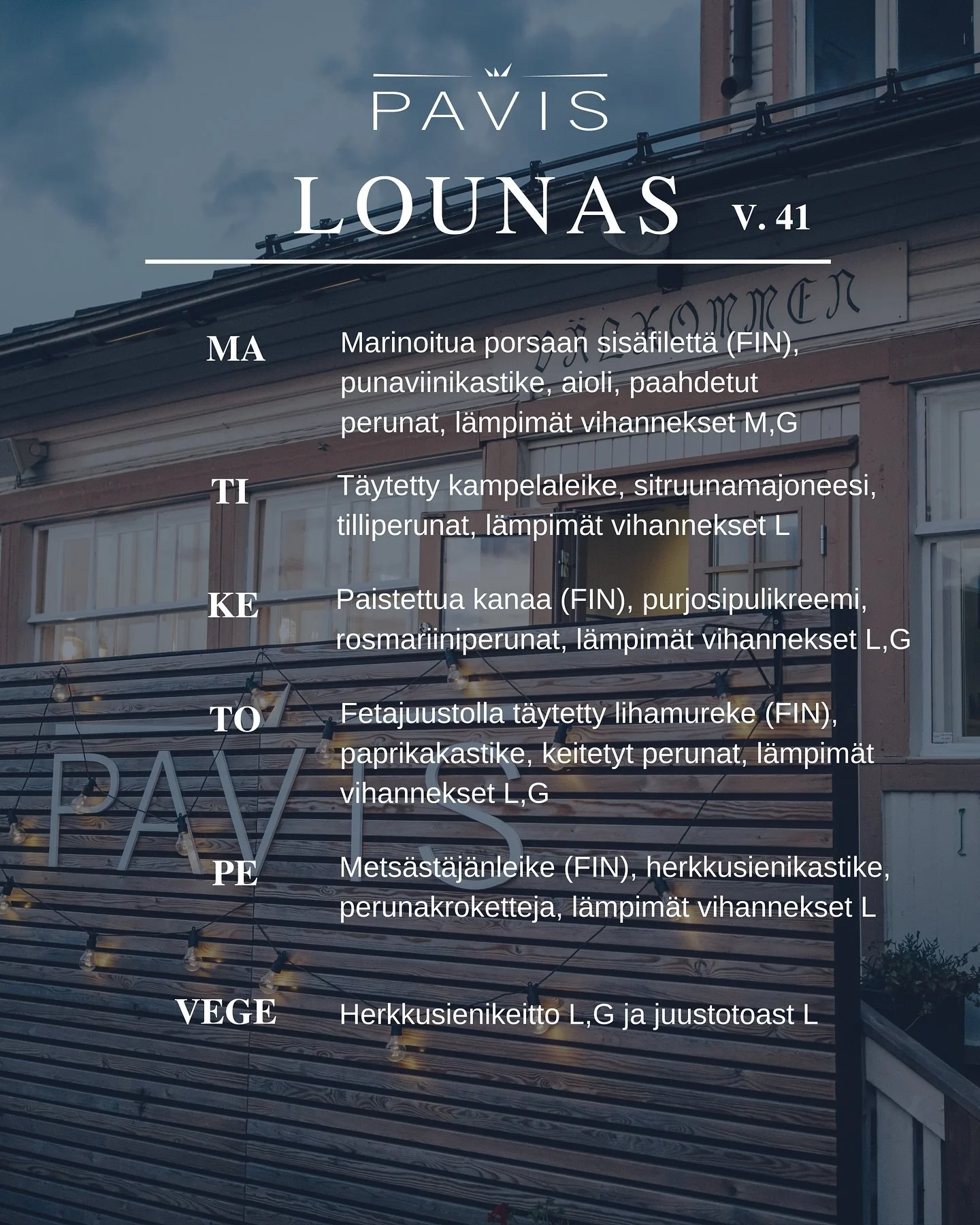 V&auml;lkommen p&aring; lunch till Pavis! 

LUNCHBUFF&Eacute; v. 41 (6.10-10.10) 
🕝 Kl. 11-13 
🏷️13,20&euro; (Pens. / Stud. 11,90&euro;)
  M&Aring;: Marinerad grisinnerfil&eacute; (FIN), r&ouml;dvinss&aring;s, aioli, rostad potatis, varma gr&ouml;n