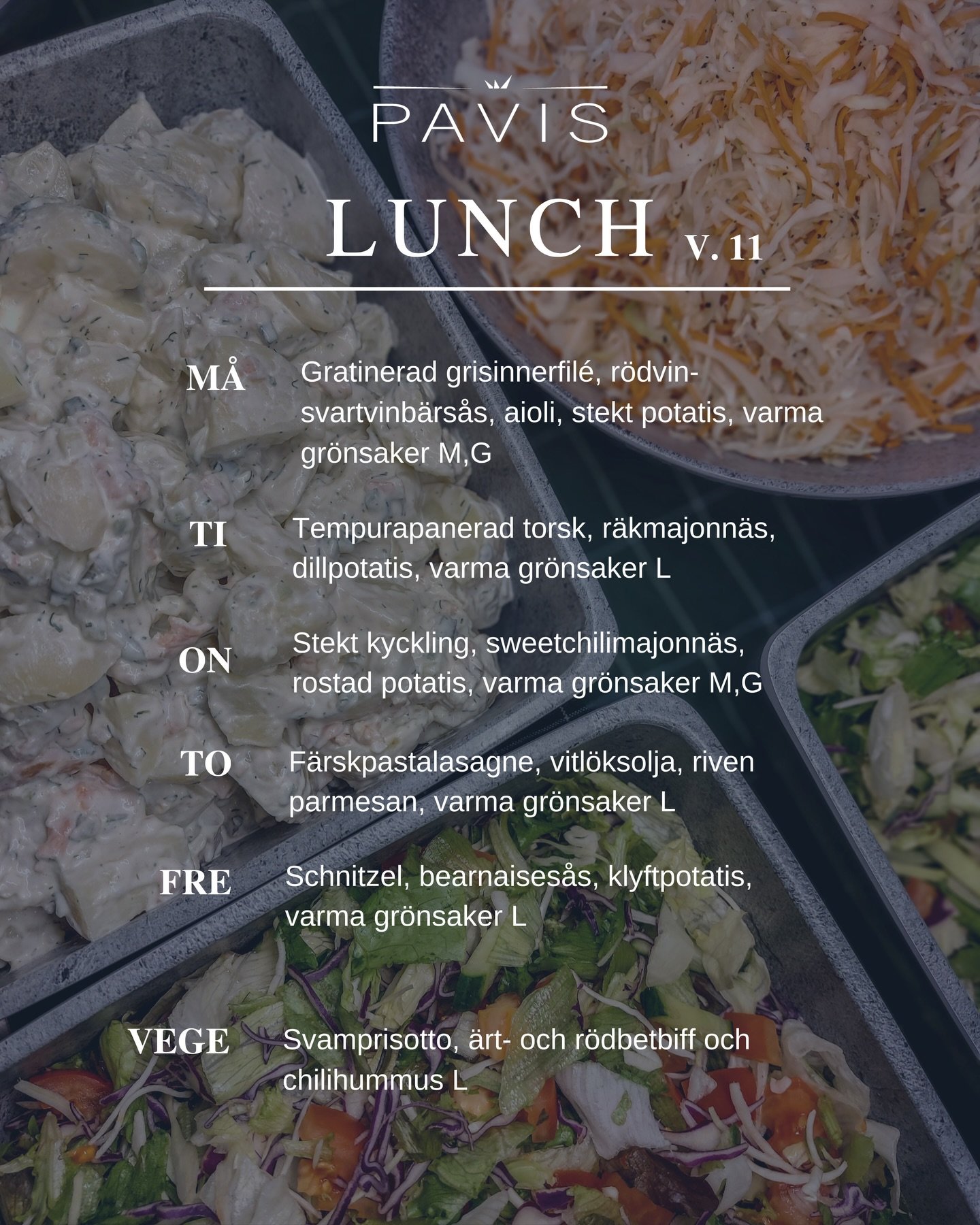 LUNCHBUFF&Eacute; v. 11 (9-13.3) 
&bull; Kl. 11-13
&bull; 13,20&euro; (Pens. / Stud. 11,90&euro;)

M&Aring;: Gratinerad grisinnerfil&eacute;, r&ouml;dvin-svartvinb&auml;rs&aring;s, aioli, stekt potatis, varma gr&ouml;nsaker M,G

TI: Tempurapanerad to