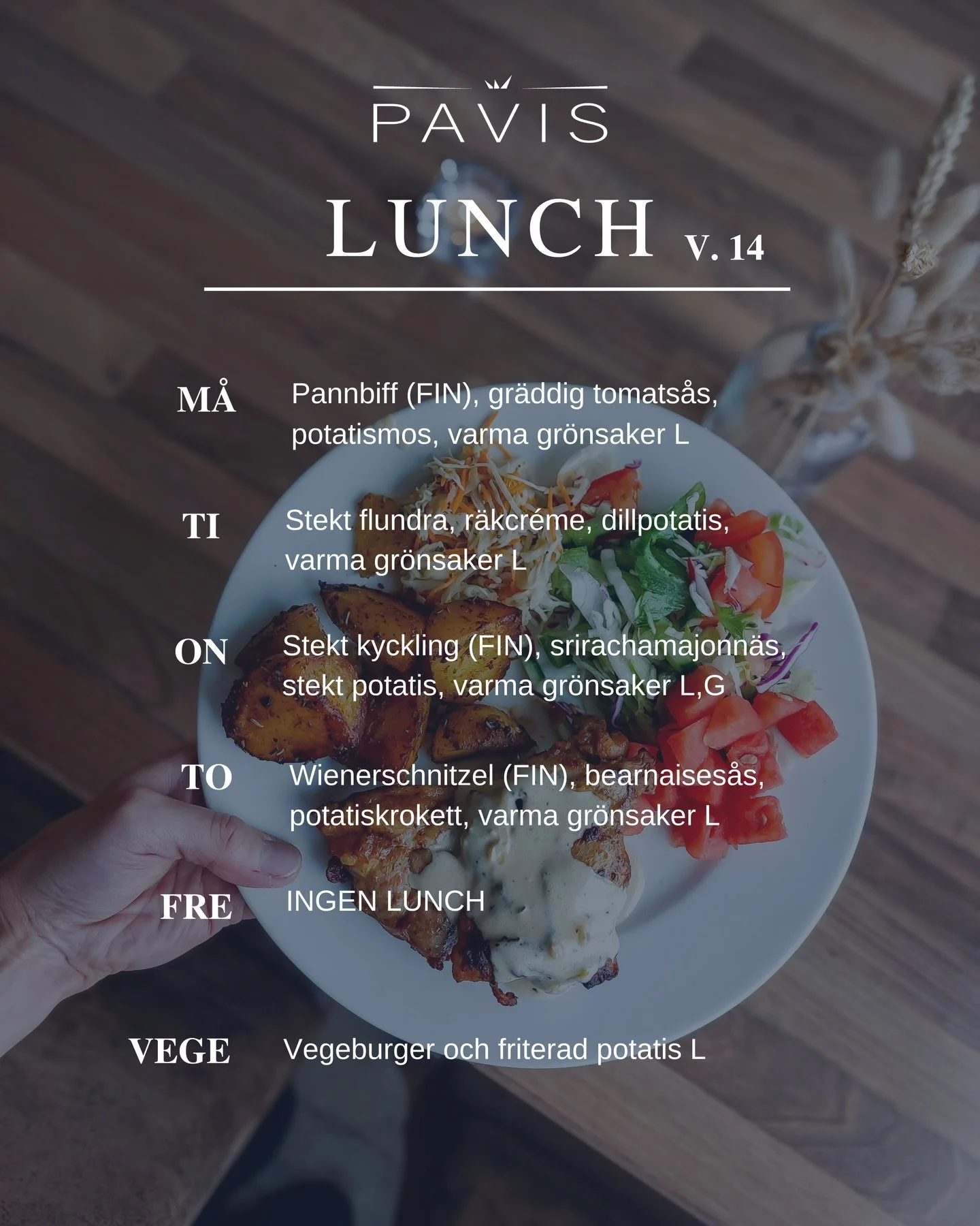 LUNCHBUFF&Eacute; v. 14 (30.3-2.4) &bull; Kl. 11-13 &bull; 13,20&euro; (Pens. / Stud. 11,90&euro;)

M&Aring;: Pannbiff (FIN), gr&auml;ddig tomats&aring;s, potatismos, varma gr&ouml;nsaker L

TI: Stekt flundra, r&auml;kcr&eacute;me, dillpotatis, varma