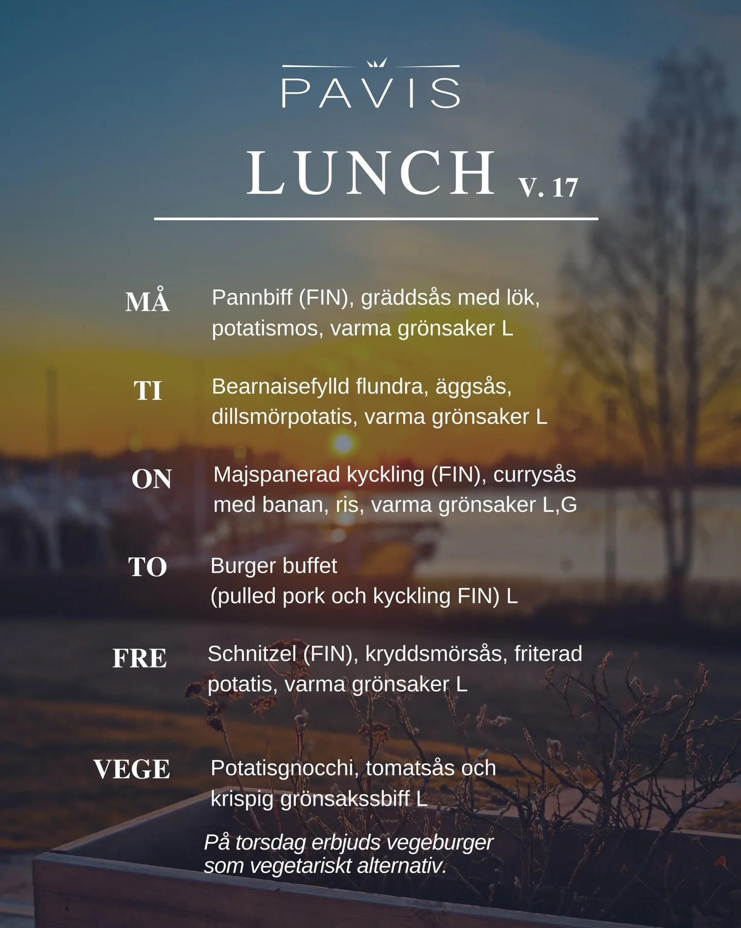 LUNCHBUFF&Eacute; v. 17 (20-24.4) &bull; Kl. 11-13 ☀️

M&Aring;: Pannbiff (FIN), gr&auml;dds&aring;s med l&ouml;k, potatismos, varma gr&ouml;nsaker L

TI: Bearnaisefylld flundra, &auml;ggs&aring;s, dillsm&ouml;rpotatis, varma gr&ouml;nsaker L

ON: Cr