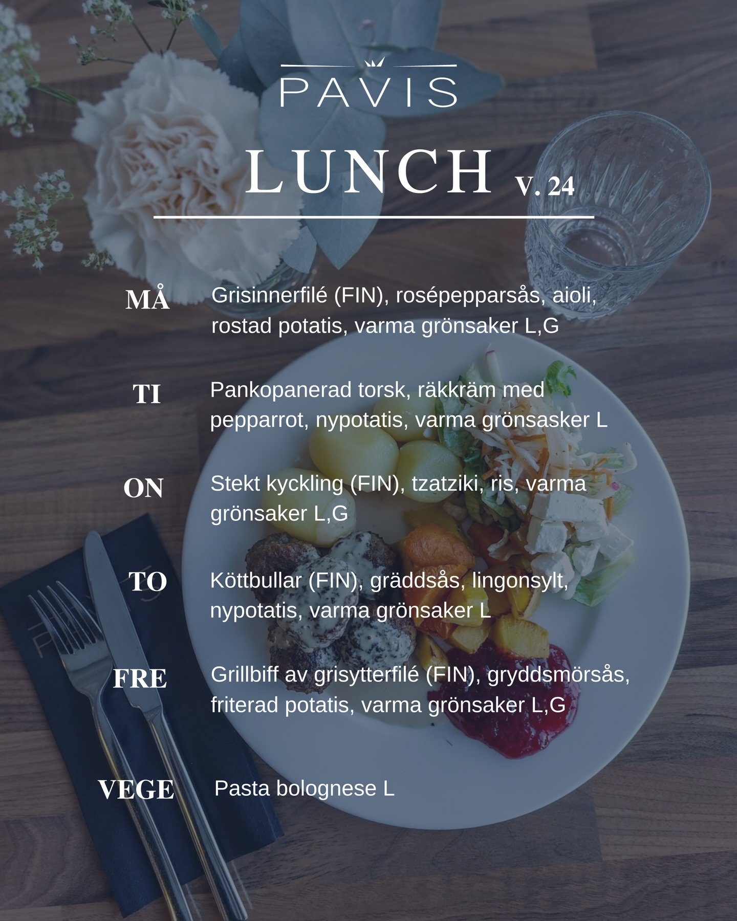 LUNCHBUFF&Eacute; v. 24 (8-12.6) &bull; Kl. 11-14 
🍴13,50&euro; (Pens. / Stud. 12,30&euro;)
🌱 Vege 13,80&euro;

M&Aring;: Grisinnerfil&eacute; (FIN), ros&eacute;peppars&aring;s, aioli, rostad potatis, varma gr&ouml;nsaker L,G

TI: Pankopanerad tors