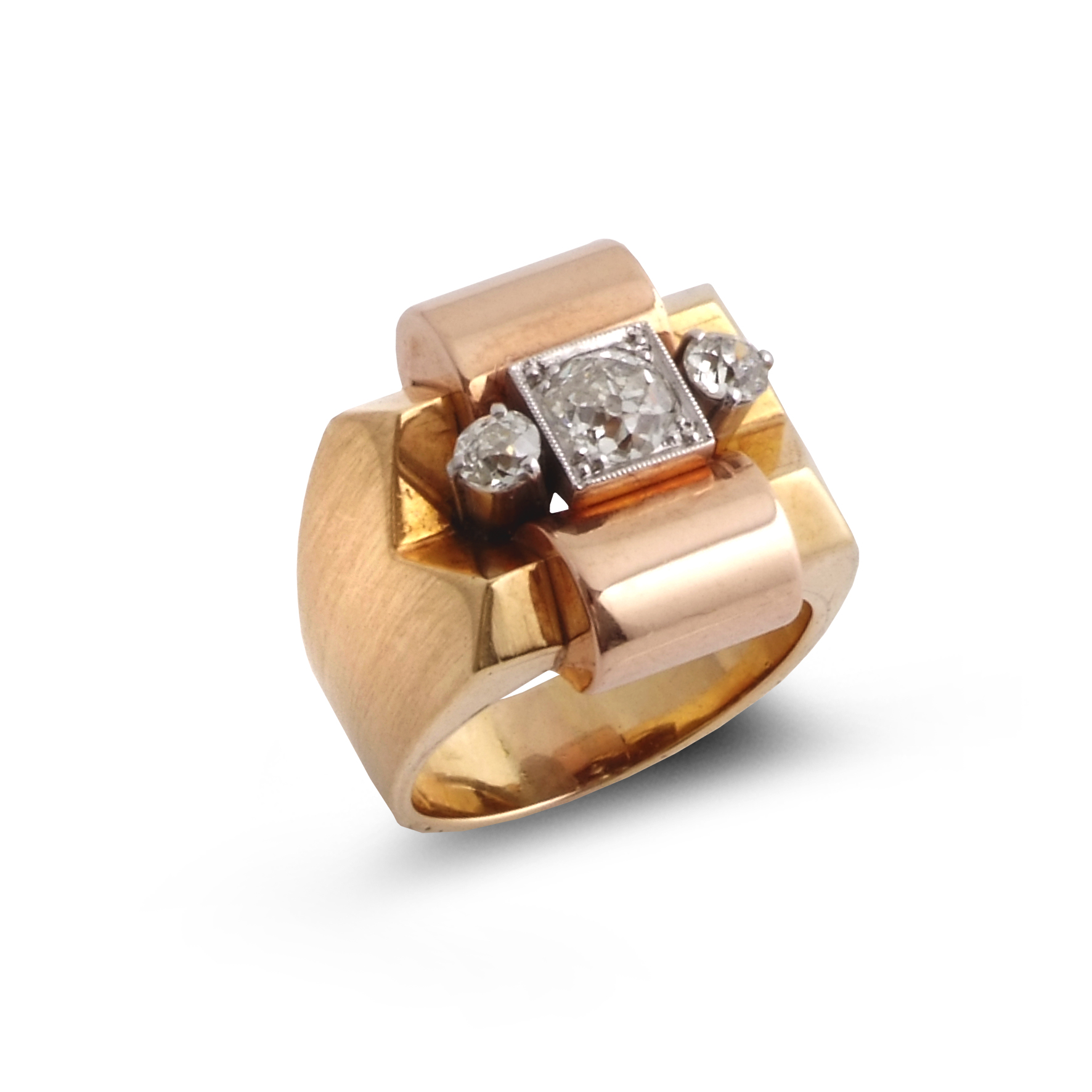 1950s three-stone diamond geometric ring