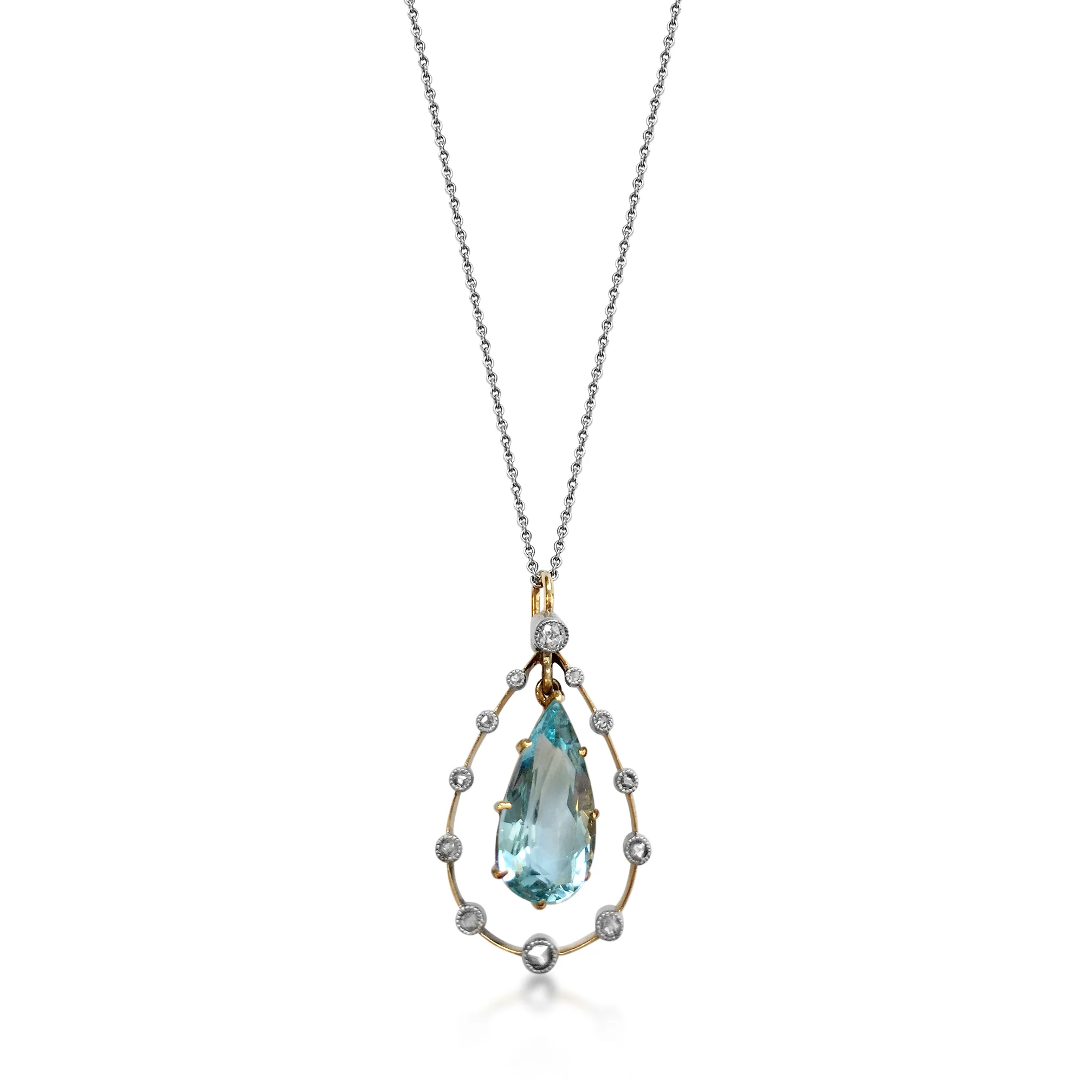 Antique pear-shape aquamarine and diamond pendant