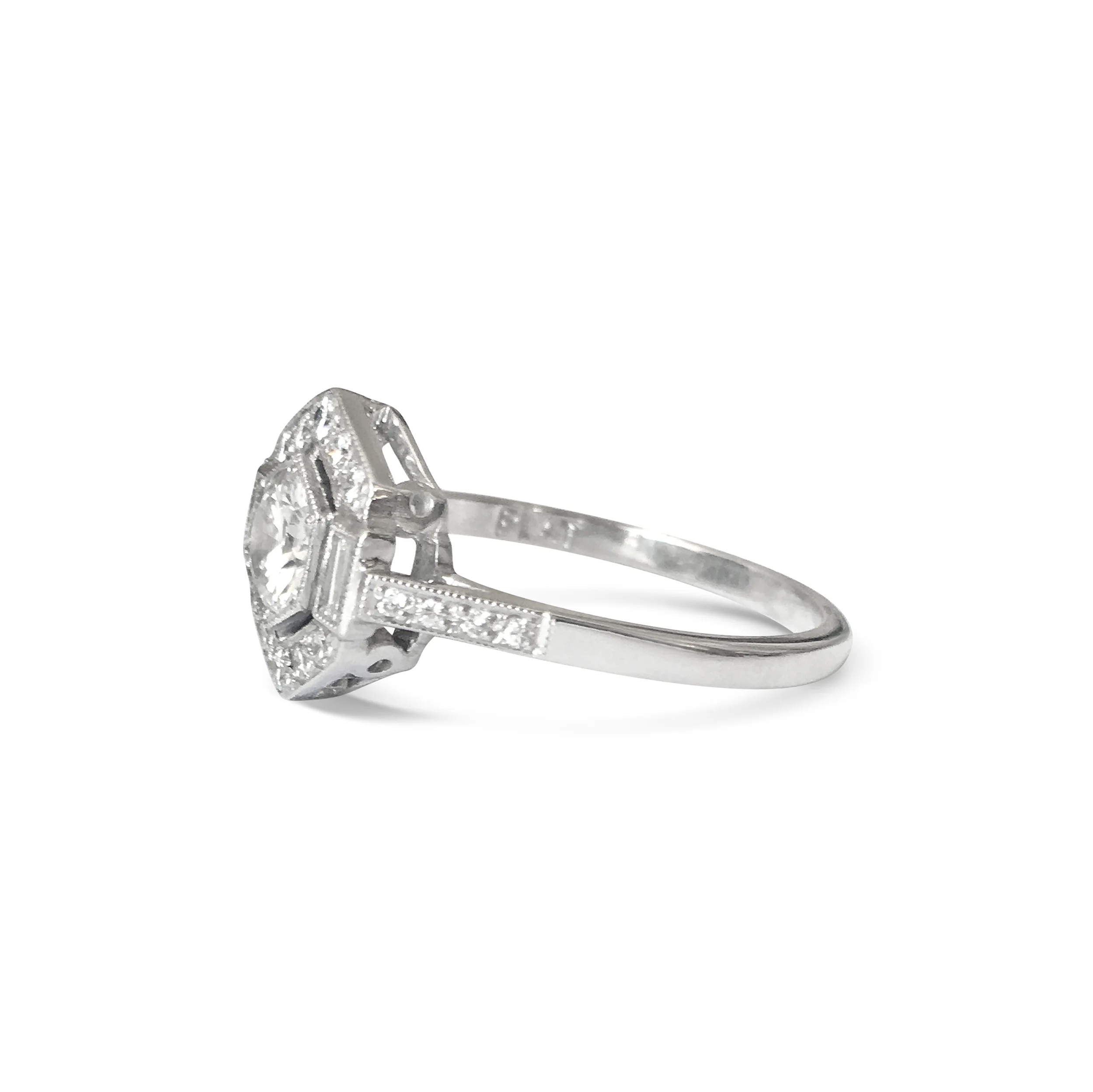 antique style hexagonal brilliant and baguette-cut diamond single row cluster ring side