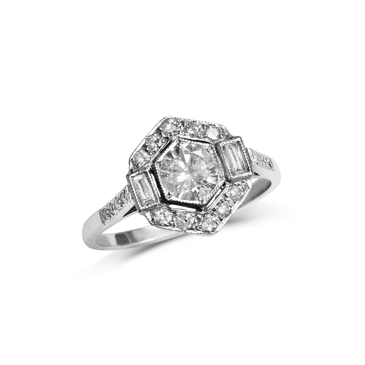 antique style hexagonal brilliant and baguette-cut diamond single row cluster ring front