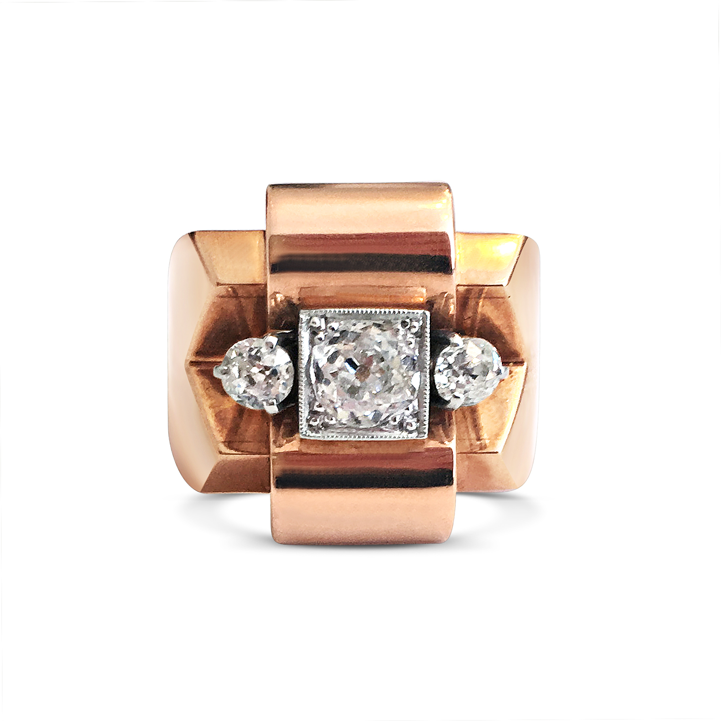 1950s three-stone diamond geometric ring