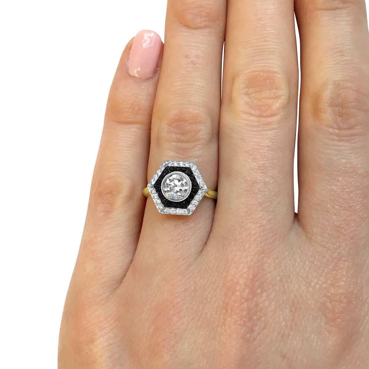 Bespoke Hexagonal Black & White Diamond Ring Top Hand Modelled