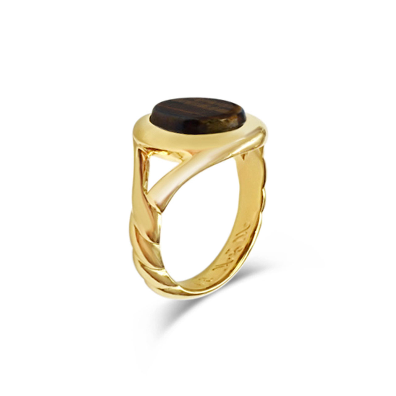 Tiger's eye and yellow gold signet ring side