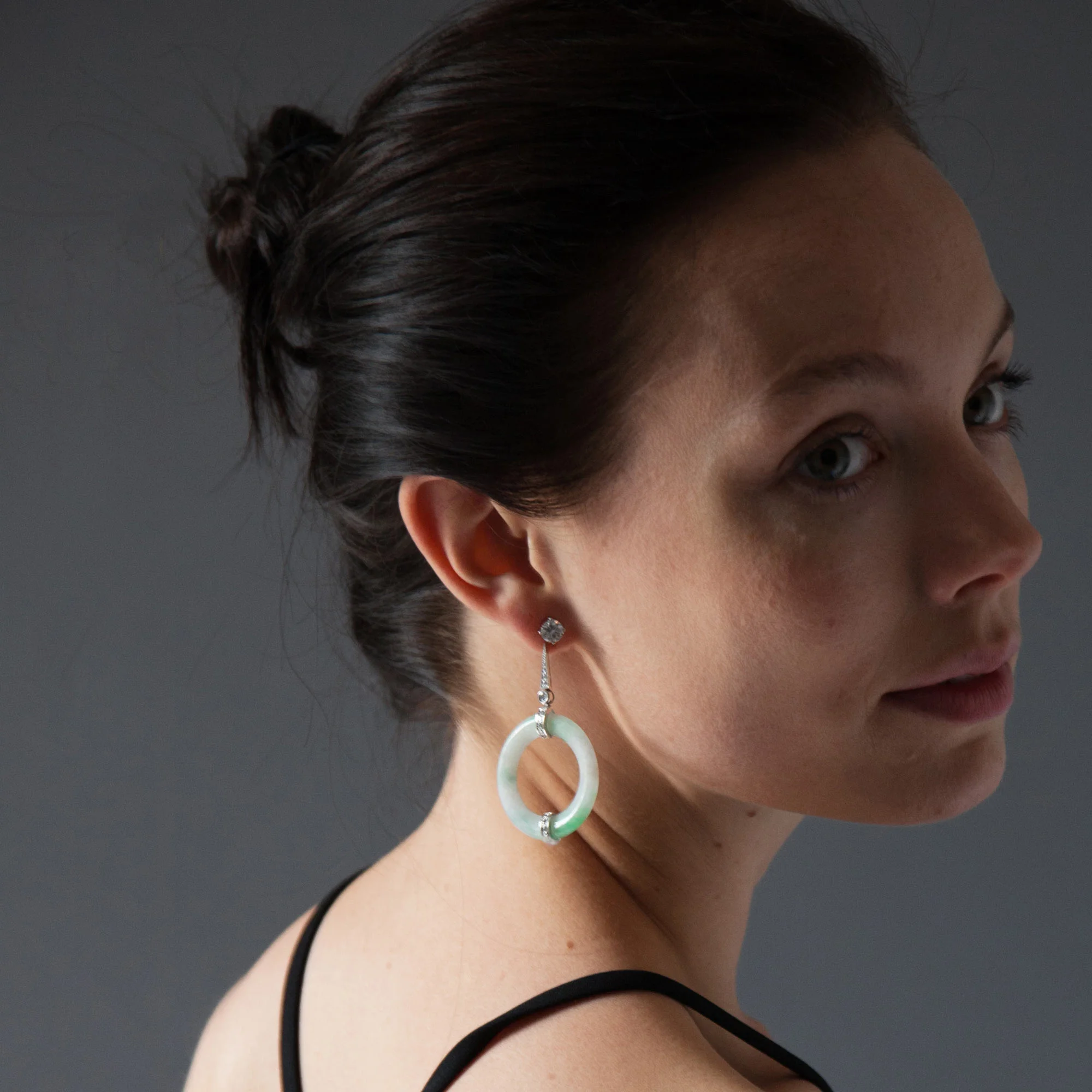 Jade disc drop earrings model shot 1