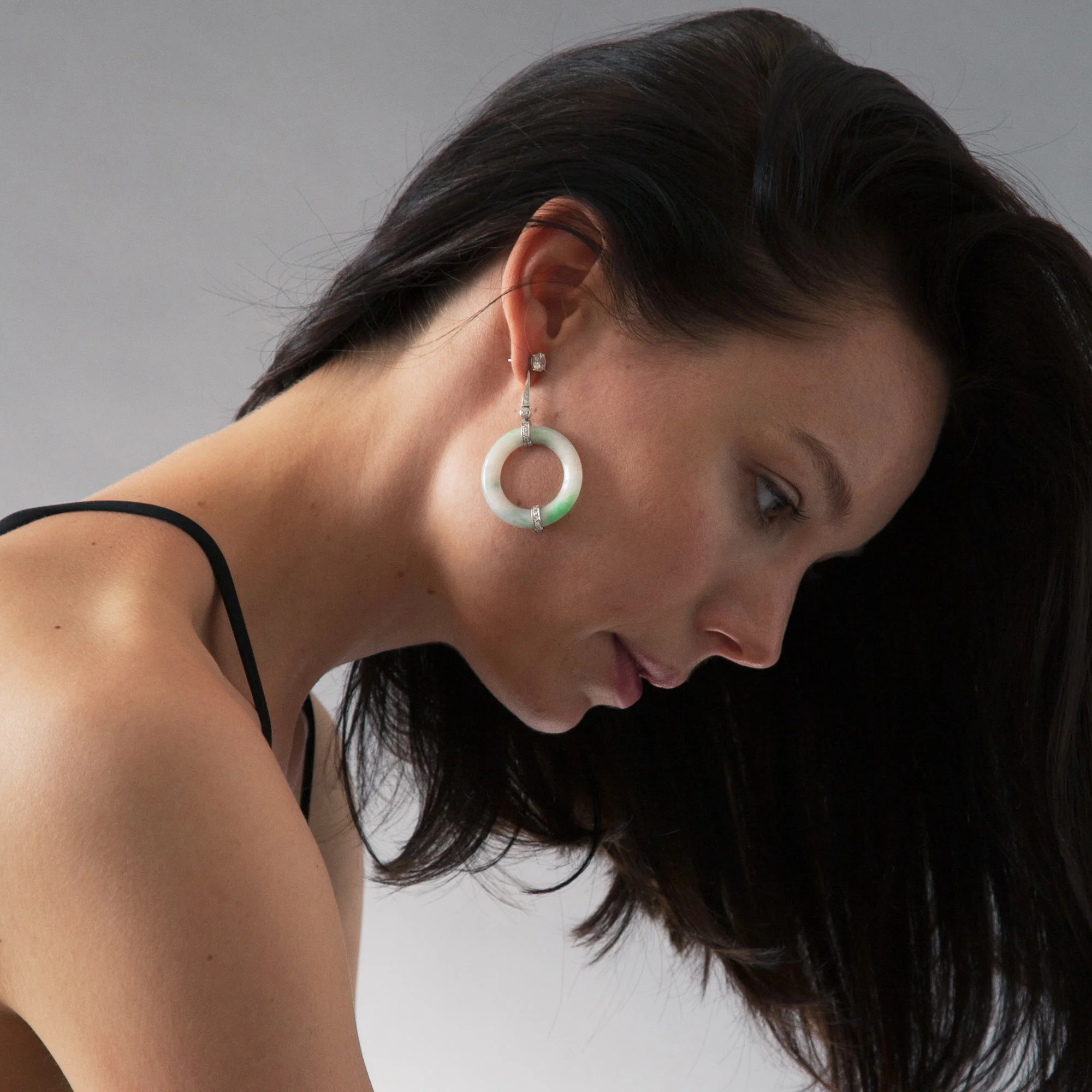Jade disc drop earrings model shot 2