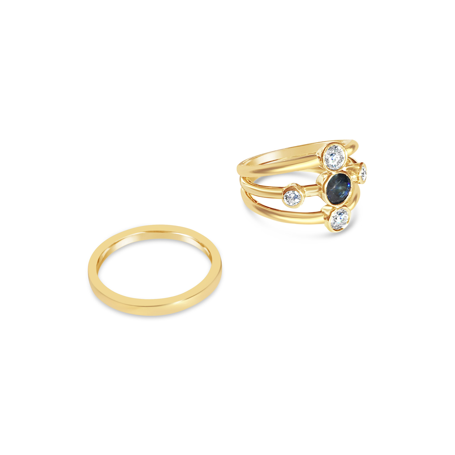 Bespoke sapphire and diamond rub over set five stone ring and wedding band