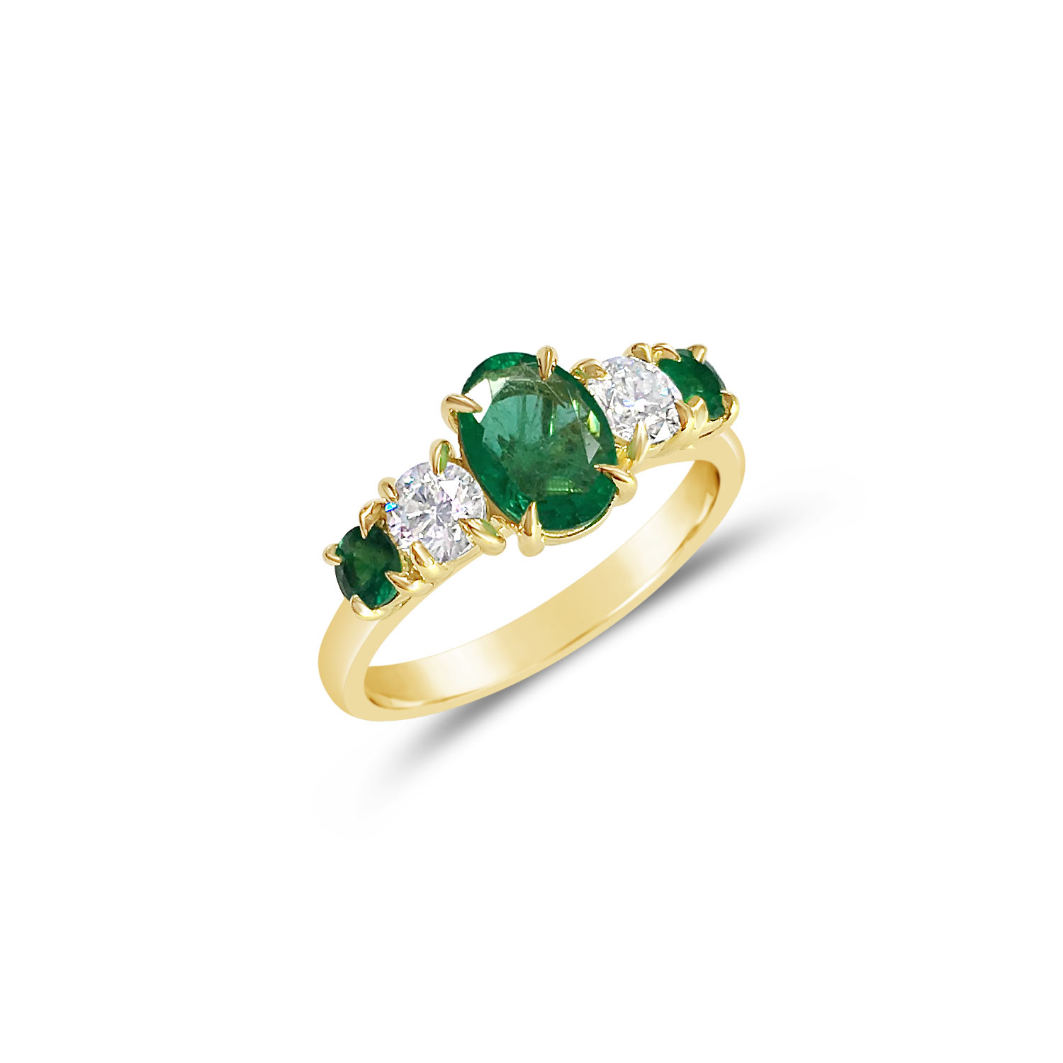Bespoke emerald and diamond claw-set five-stone ring, mounted in 18ct yellow gold top