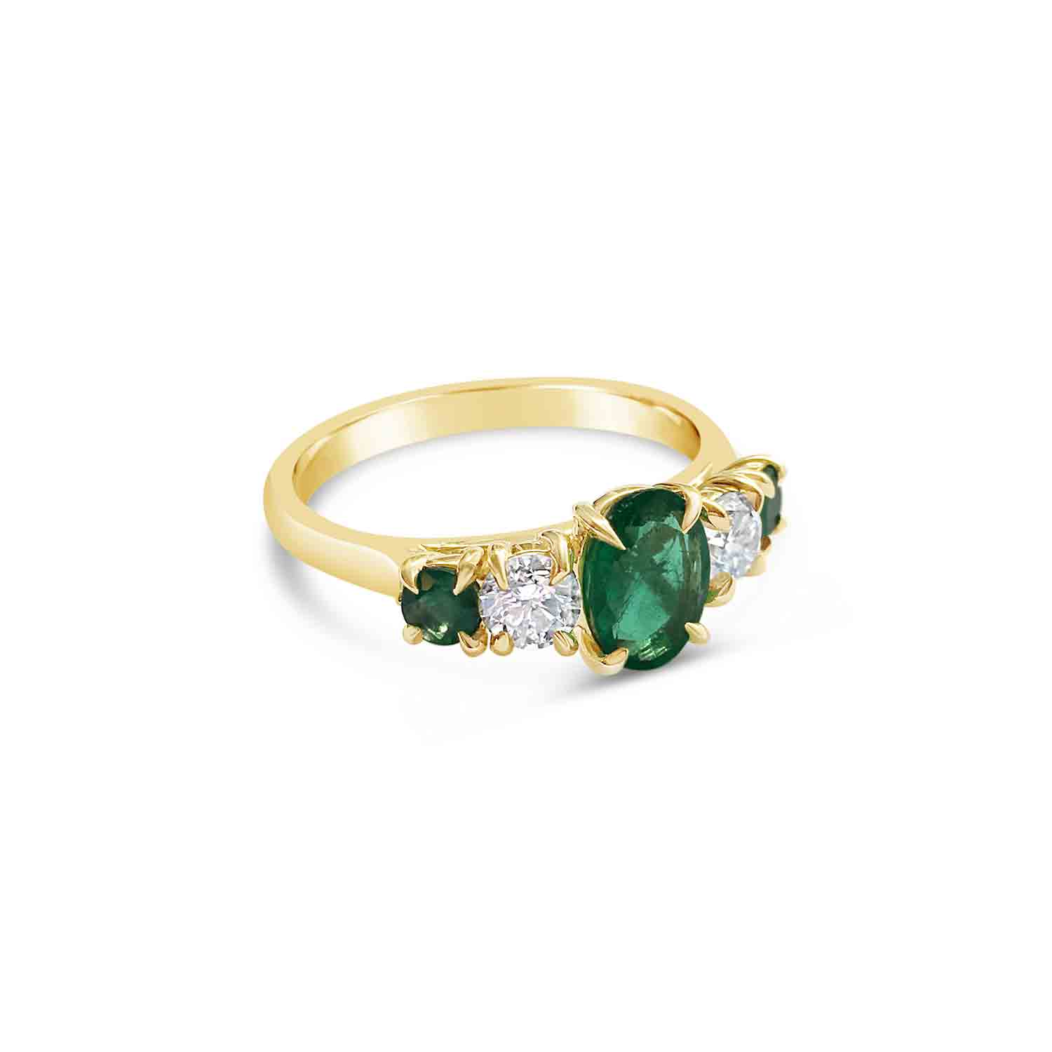 Bespoke emerald and diamond claw-set five-stone ring, mounted in 18ct yellow gold