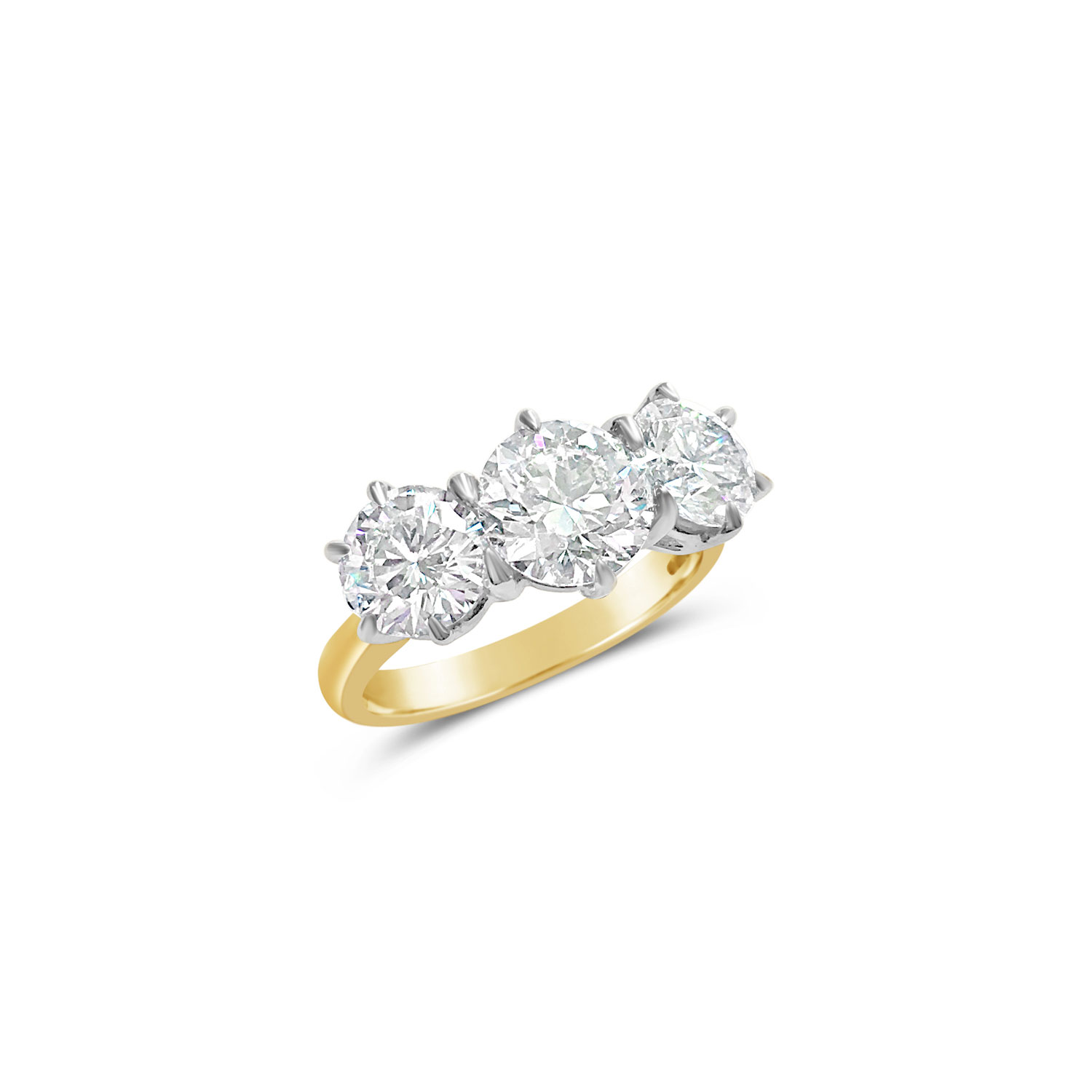 Brilliant-cut diamond three-stone claw-set ring in 18ct white and yellow gold top