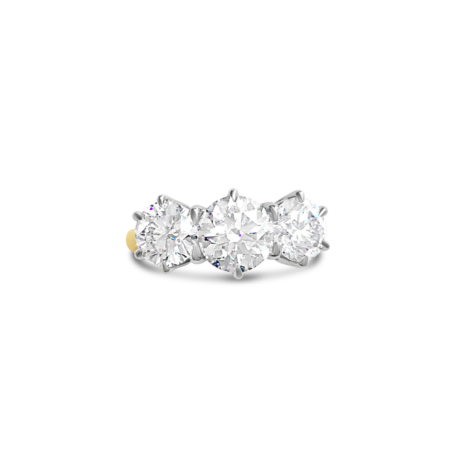 Brilliant-cut diamond three-stone claw-set ring in 18ct white and yellow gold top