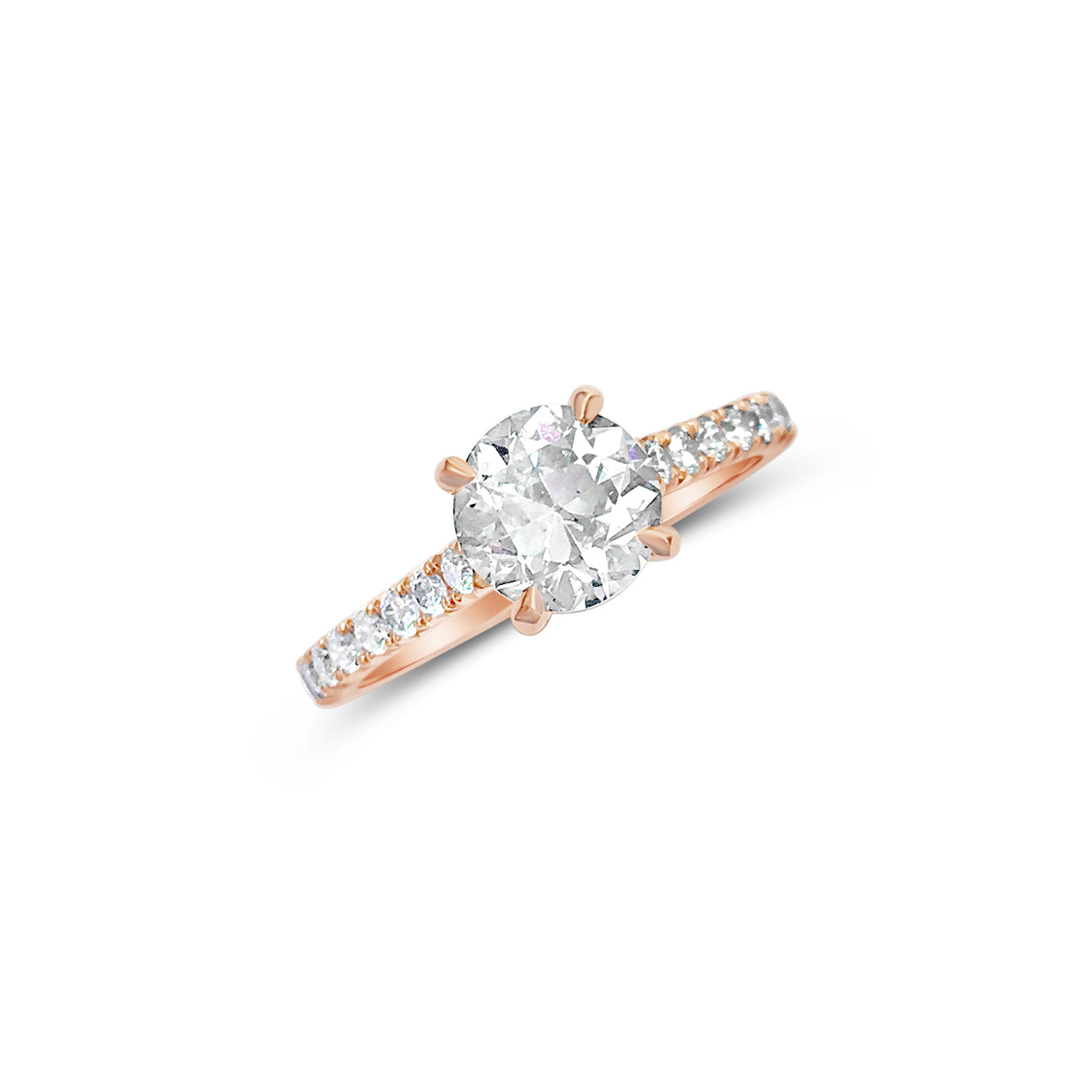 Bespoke diamond solitaire ring with four talon-shaped claws and diamond  fishtail half-set band, mounted in 18ct rose gold top