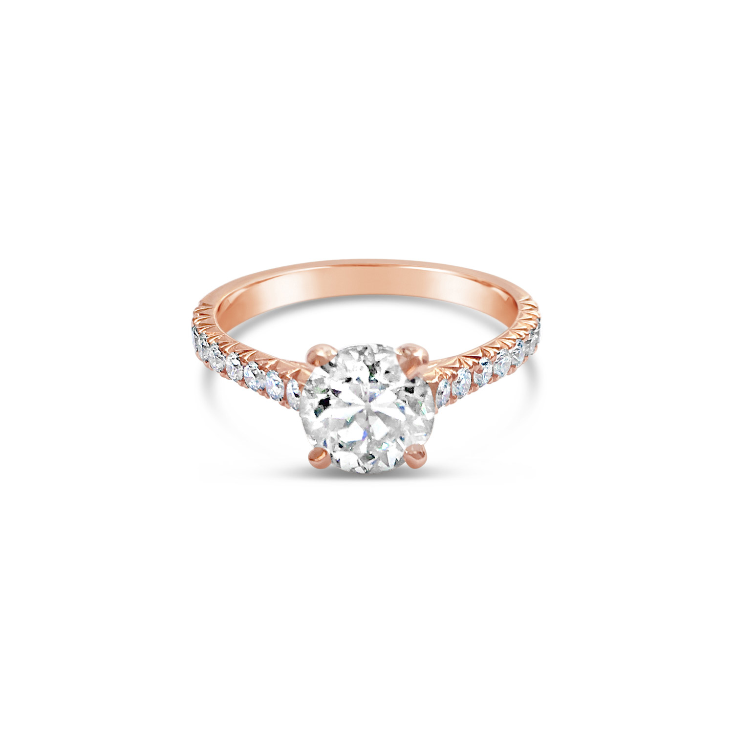 Bespoke diamond solitaire ring with four talon-shaped claws and diamond  fishtail half-set band, mounted in 18ct rose gold side