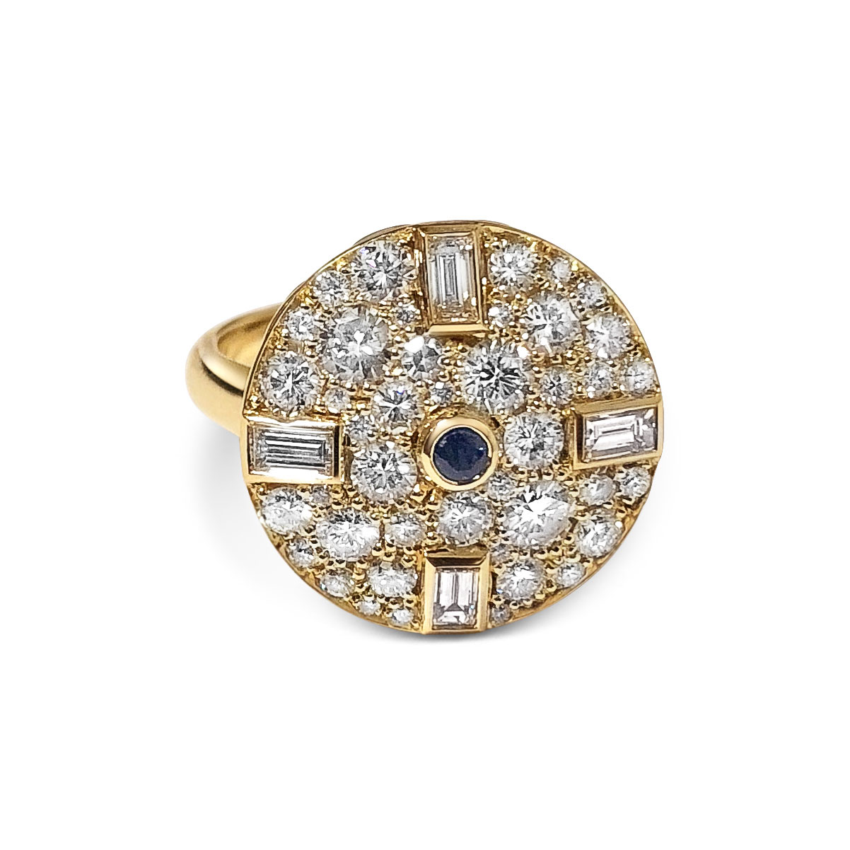 Bespoke sapphire, baguette-cut diamond and pavé-set diamond circular ring, mounted in 18ct yellow gold. top