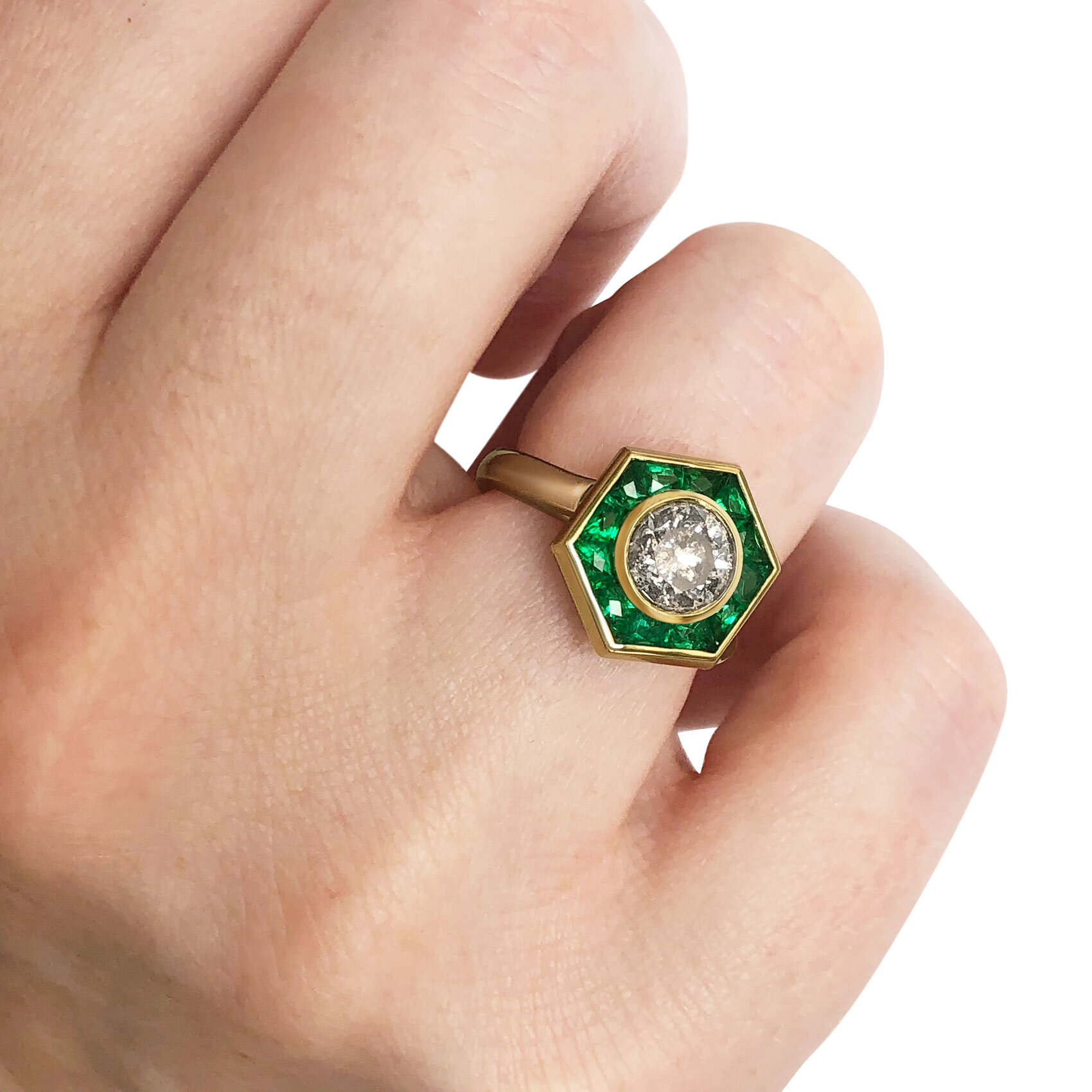 Salt &amp; Pepper Diamond and french-cut emerald ring mounted in 18ct yellow gold.