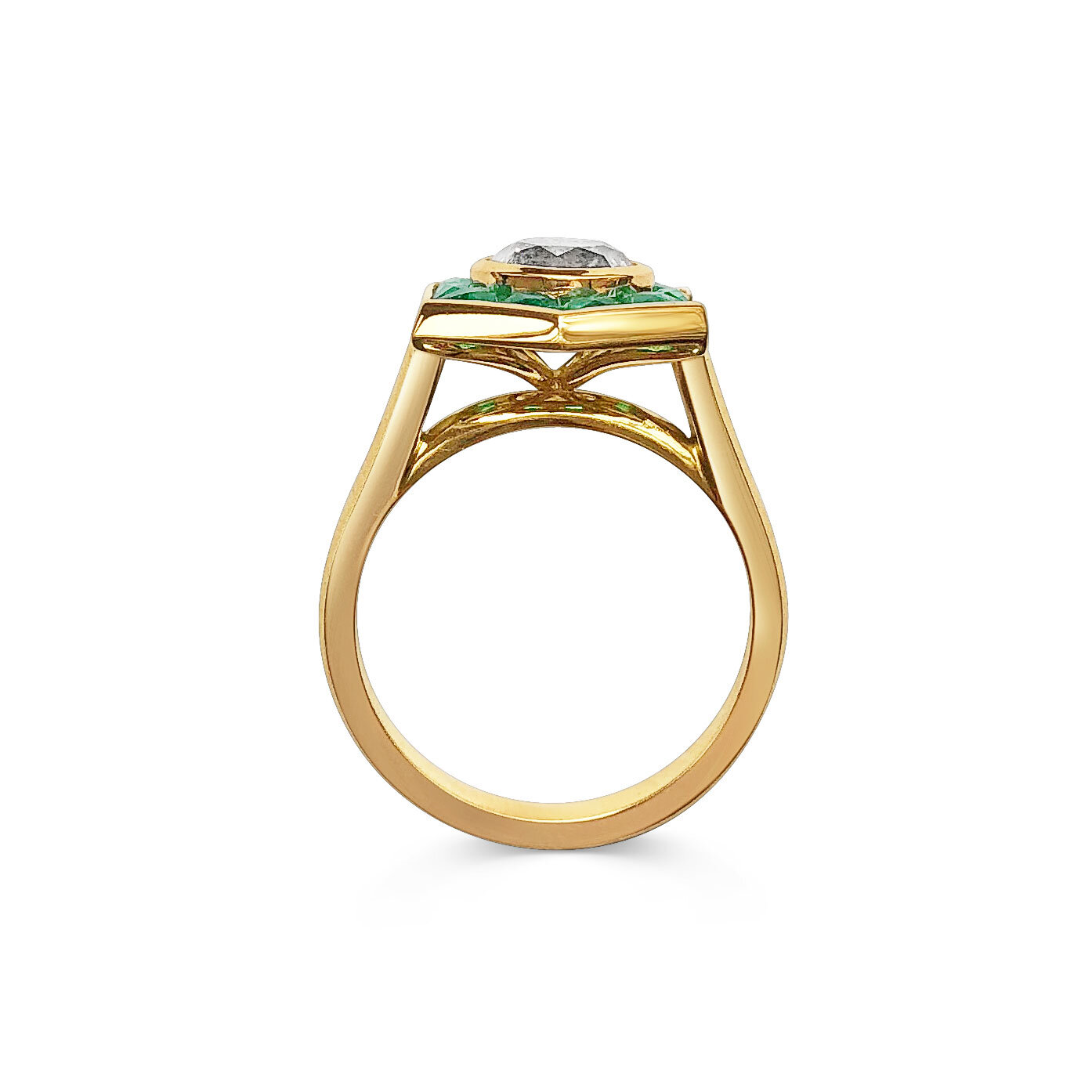 Salt &amp; Pepper Diamond and french-cut emerald ring mounted in 18ct yellow gold.