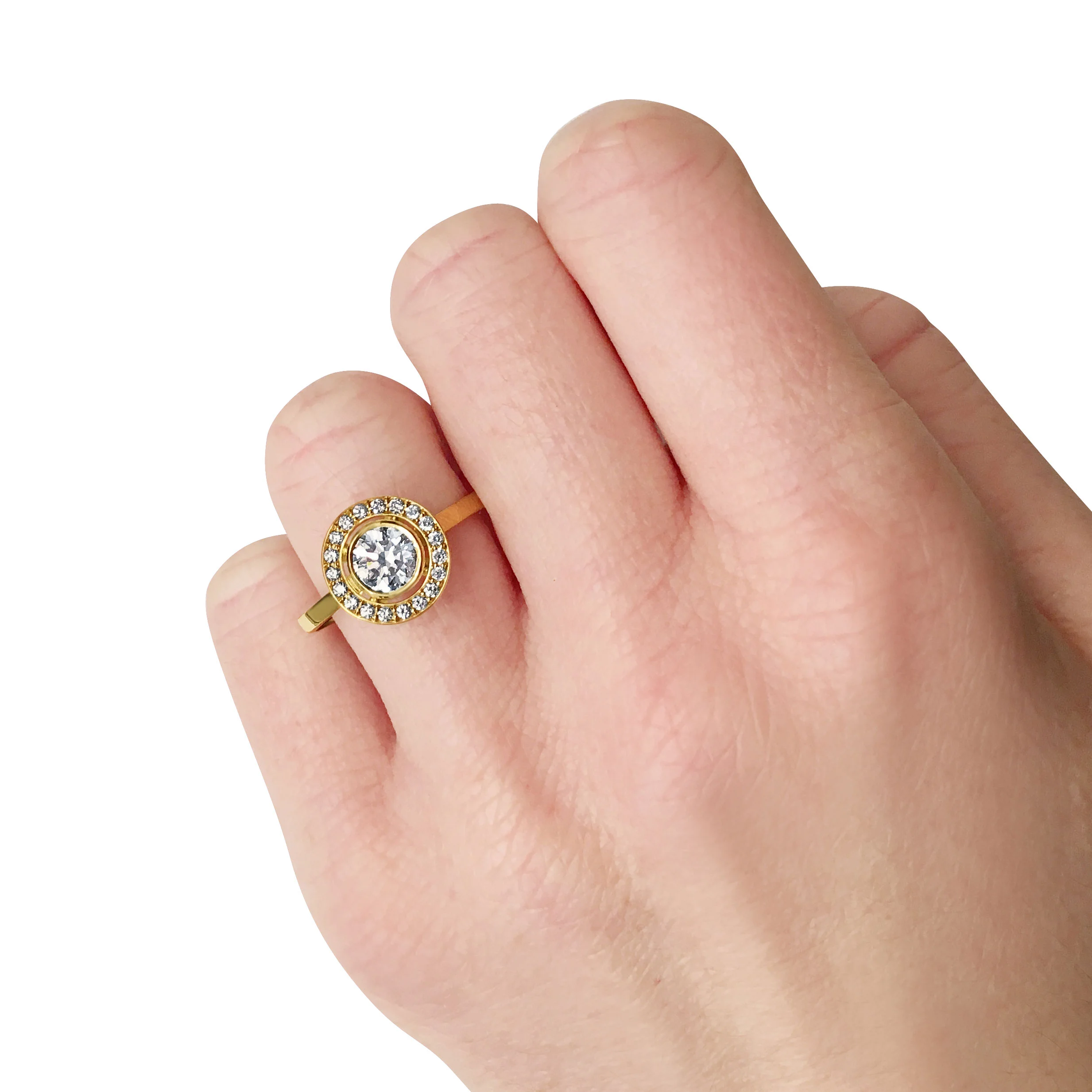Round-cut diamond with diamond halo engagement ring, mounted in 18ct yellow gold.
