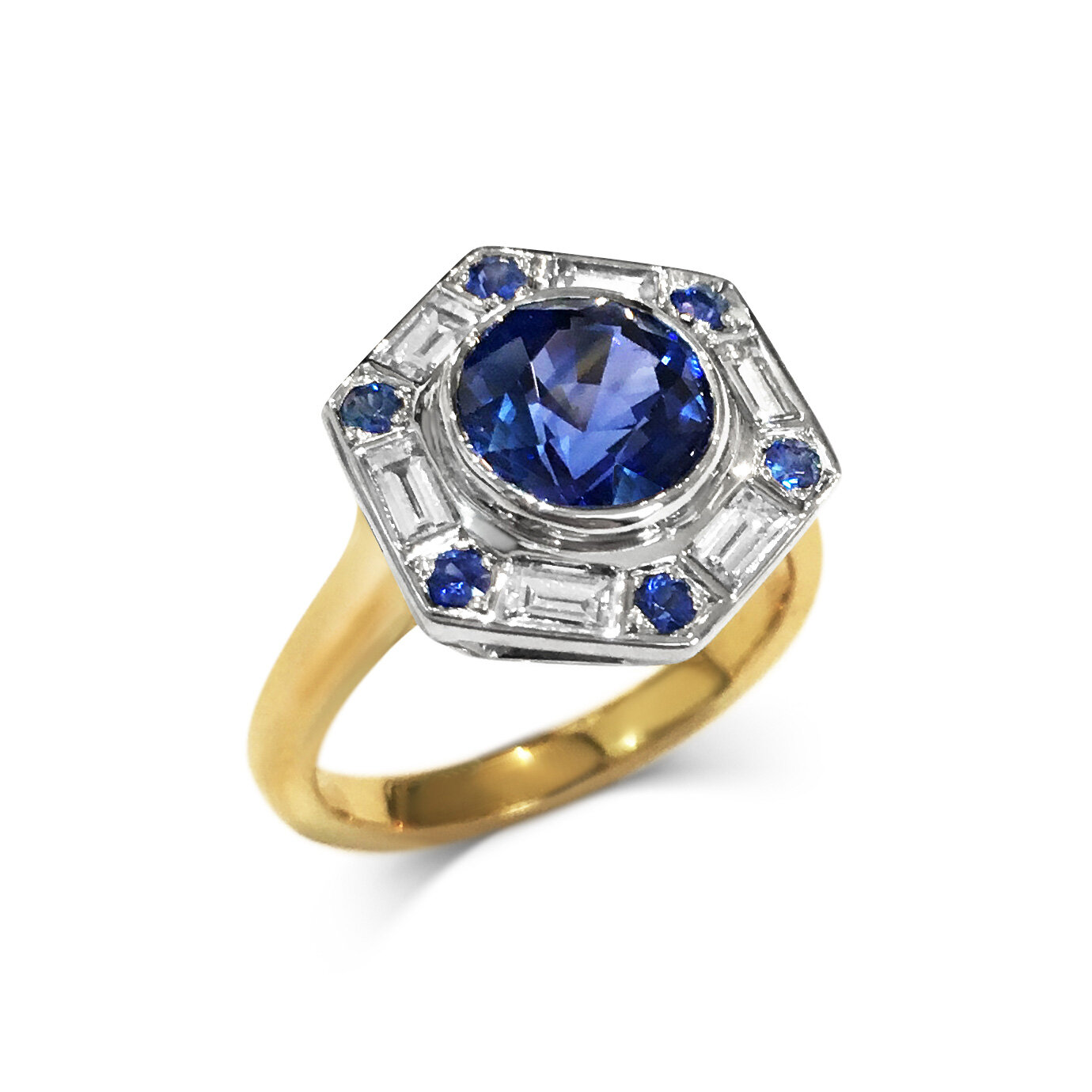 Sapphire and diamond single-row target ring mounted in platinum and 18ct yellow gold. 