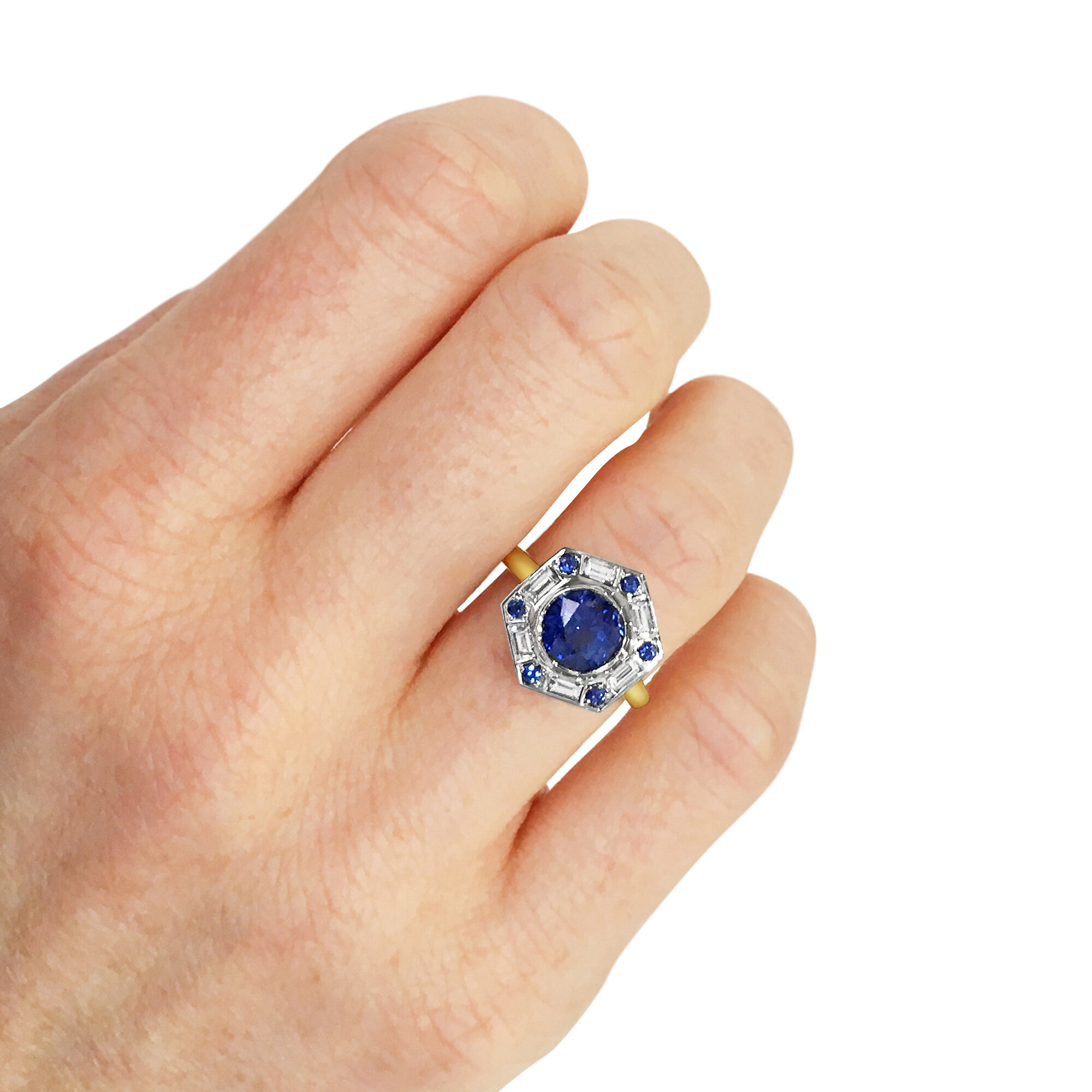 Sapphire and diamond single-row target ring mounted in platinum and 18ct yellow gold. 