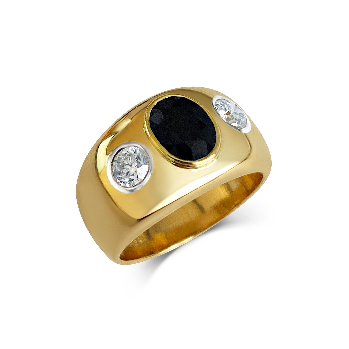 Sapphire and diamond three-stone gypsy&nbsp;ring mounted in 18ct yellow gold