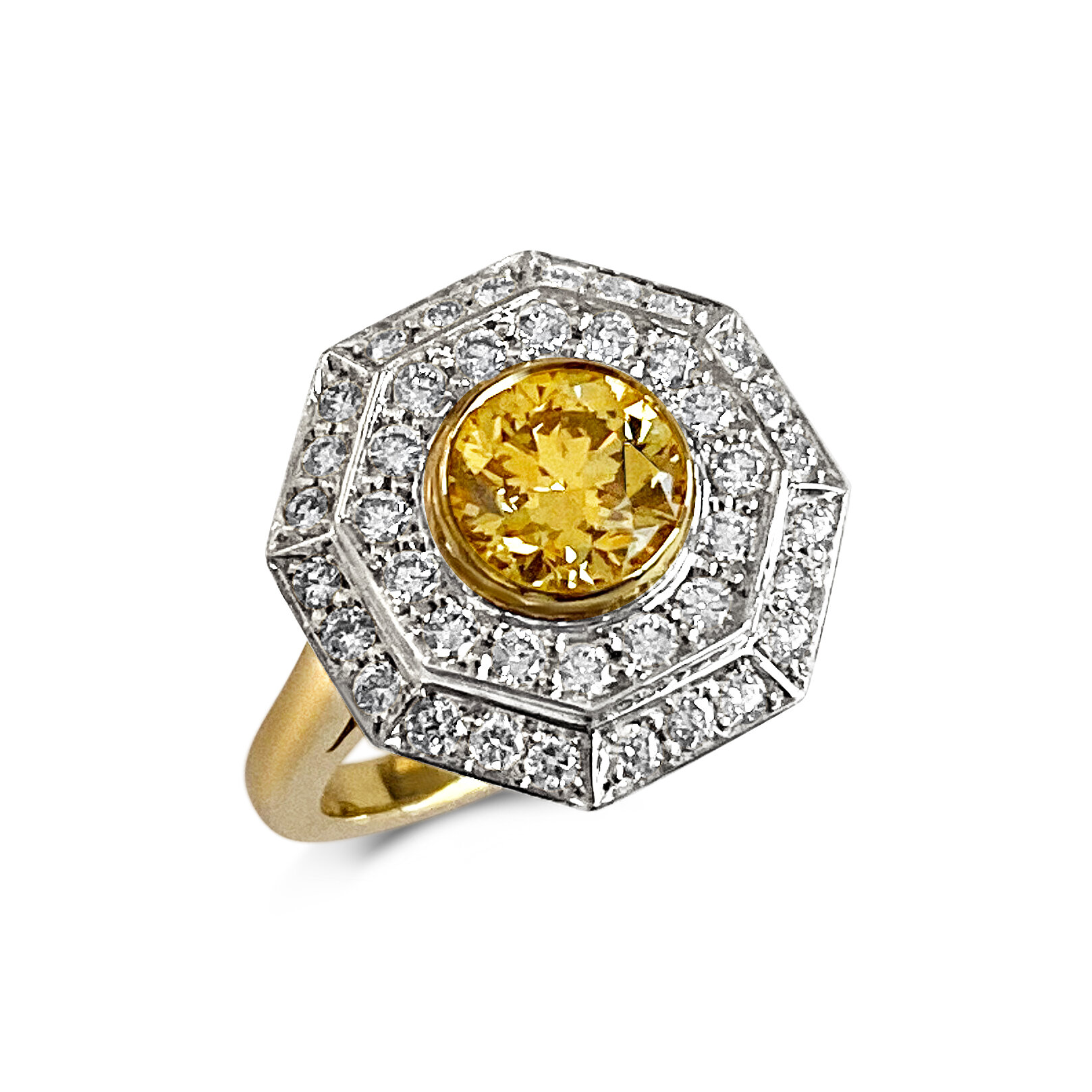 Fancy yellow diamond target ring