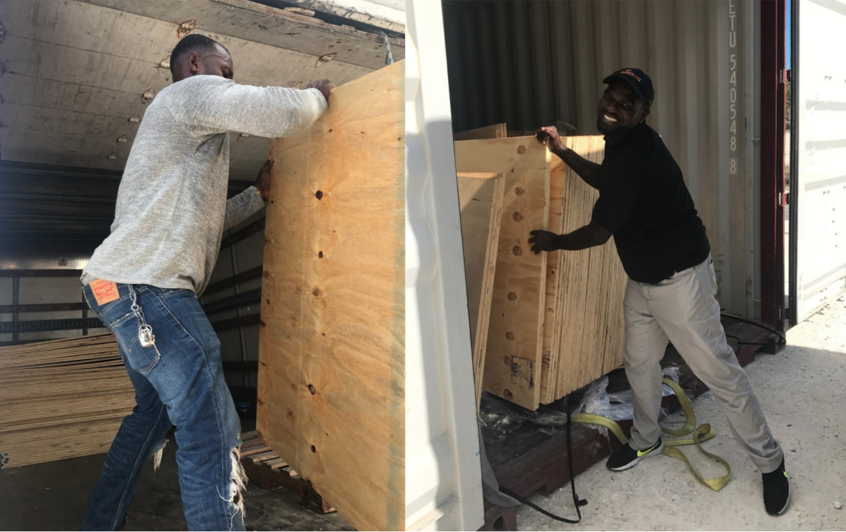 Travis (right) and Jose manhandle the plywood, 2-3 sheets at a time!