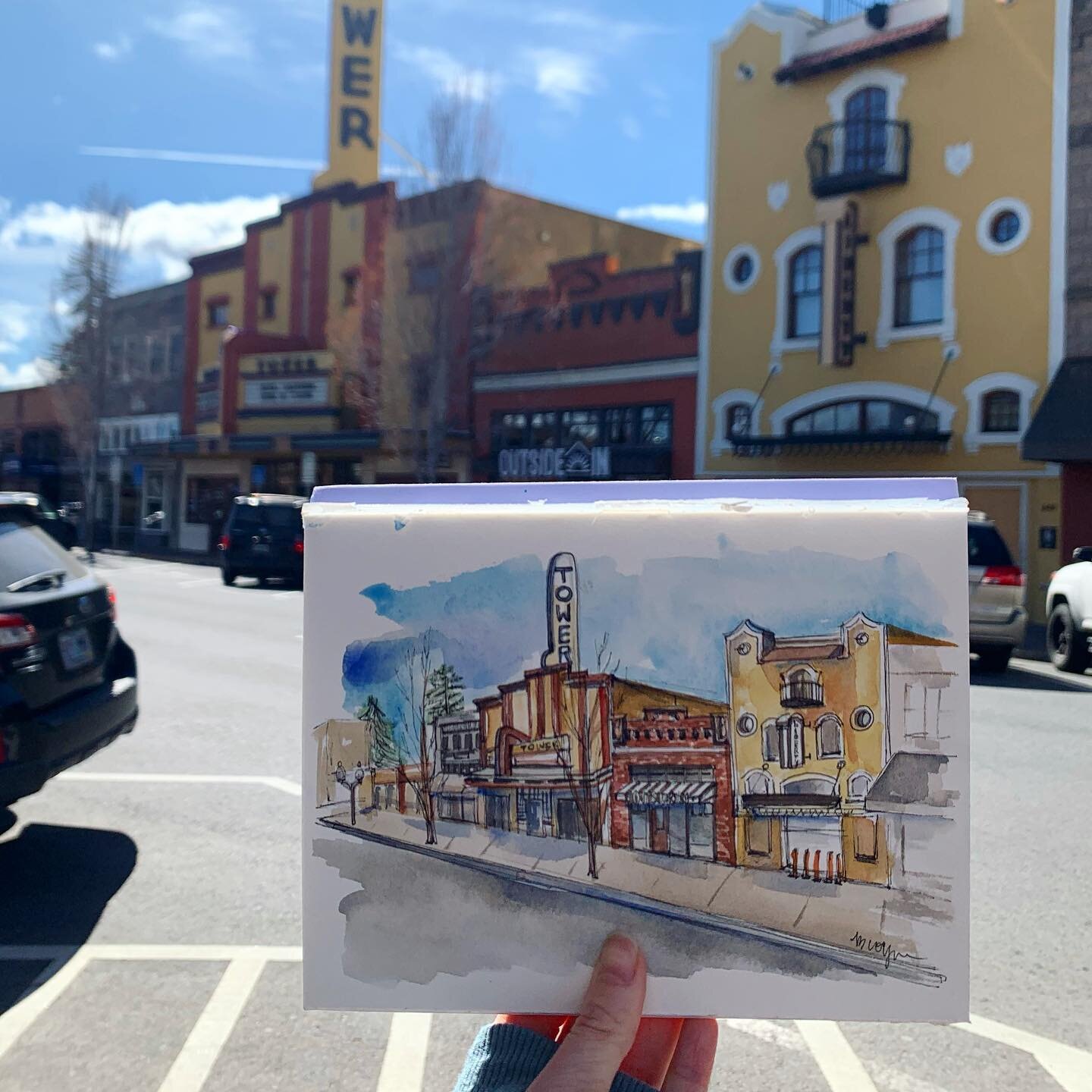 Watercolor sketch of downtown Bend from the other day 🎨 Been kinda quiet on social media lately ~ I&rsquo;ve been spending a lot of time drawing in sketchbooks and drawing IRL and learning and writing and trying to be present with the world around m