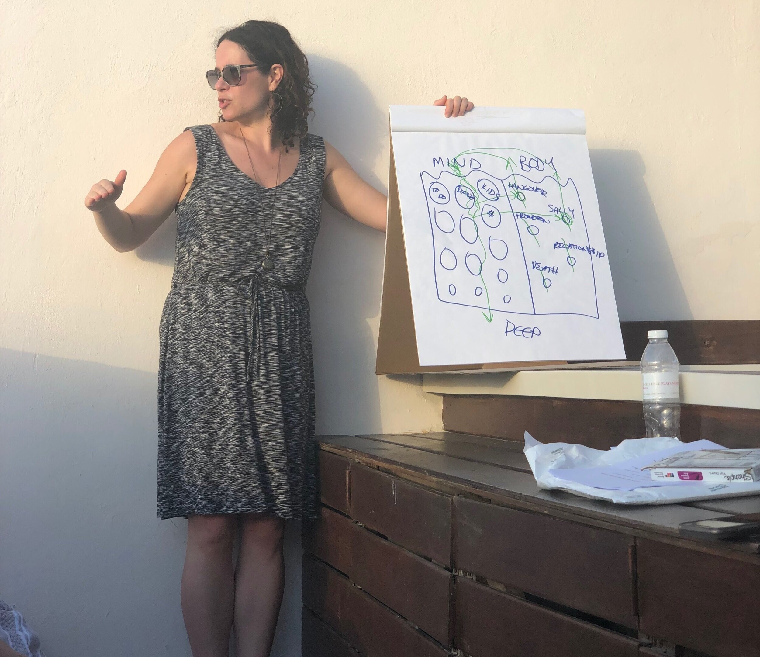Dr. Jill Wener explains the mind-body connection using visuals on a presentation-size pad of paper.
