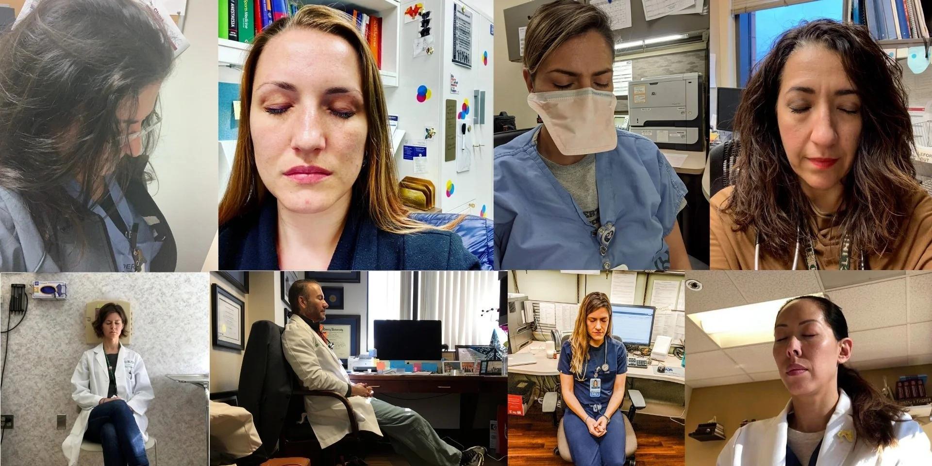 A collage of eight images shows different healthcare professionals meditating comfortably and easily, when and where works best for each individual, such as in their office chair at their desk.